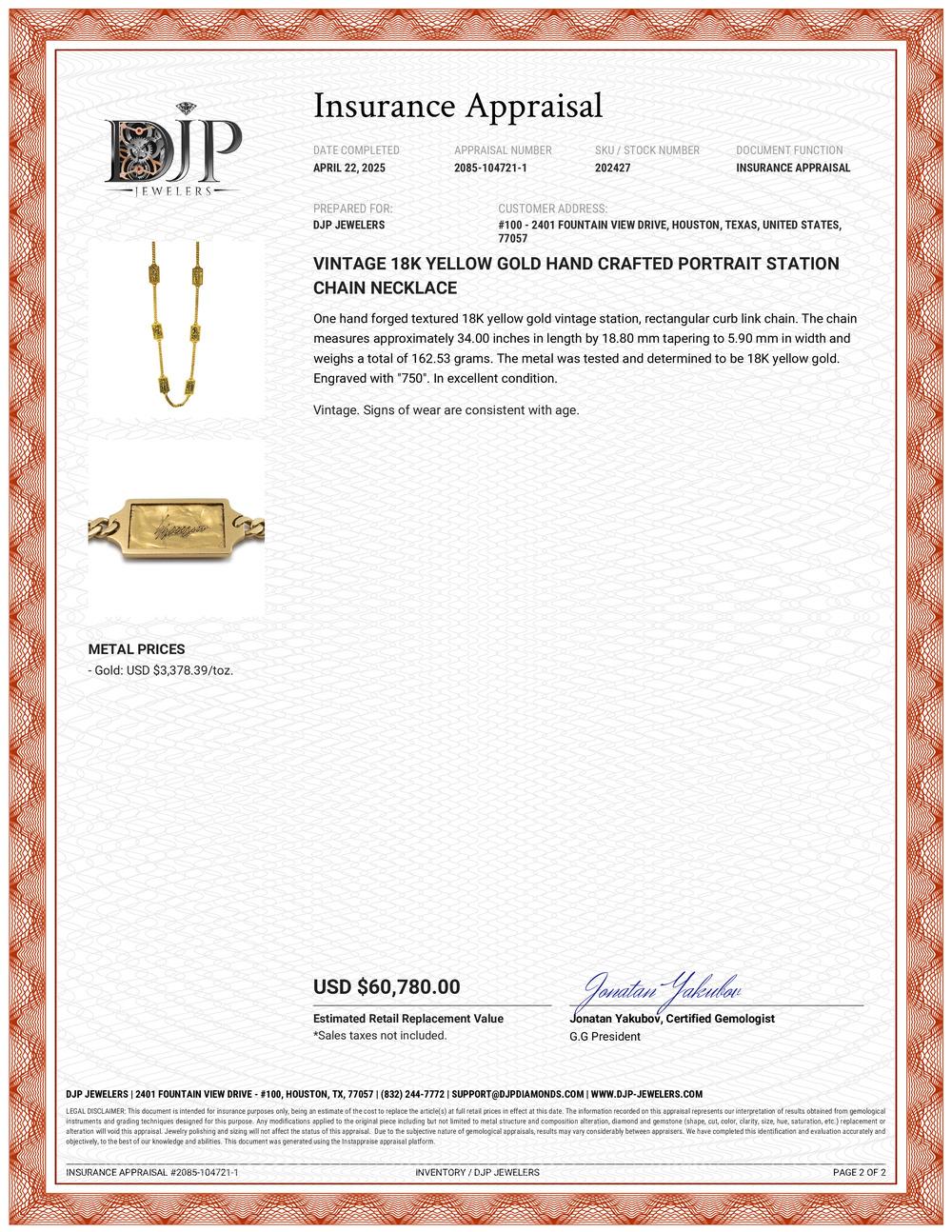 Vintage 18K Yellow Gold Hand Crafted Portrait Station Chain Necklace For Sale 11