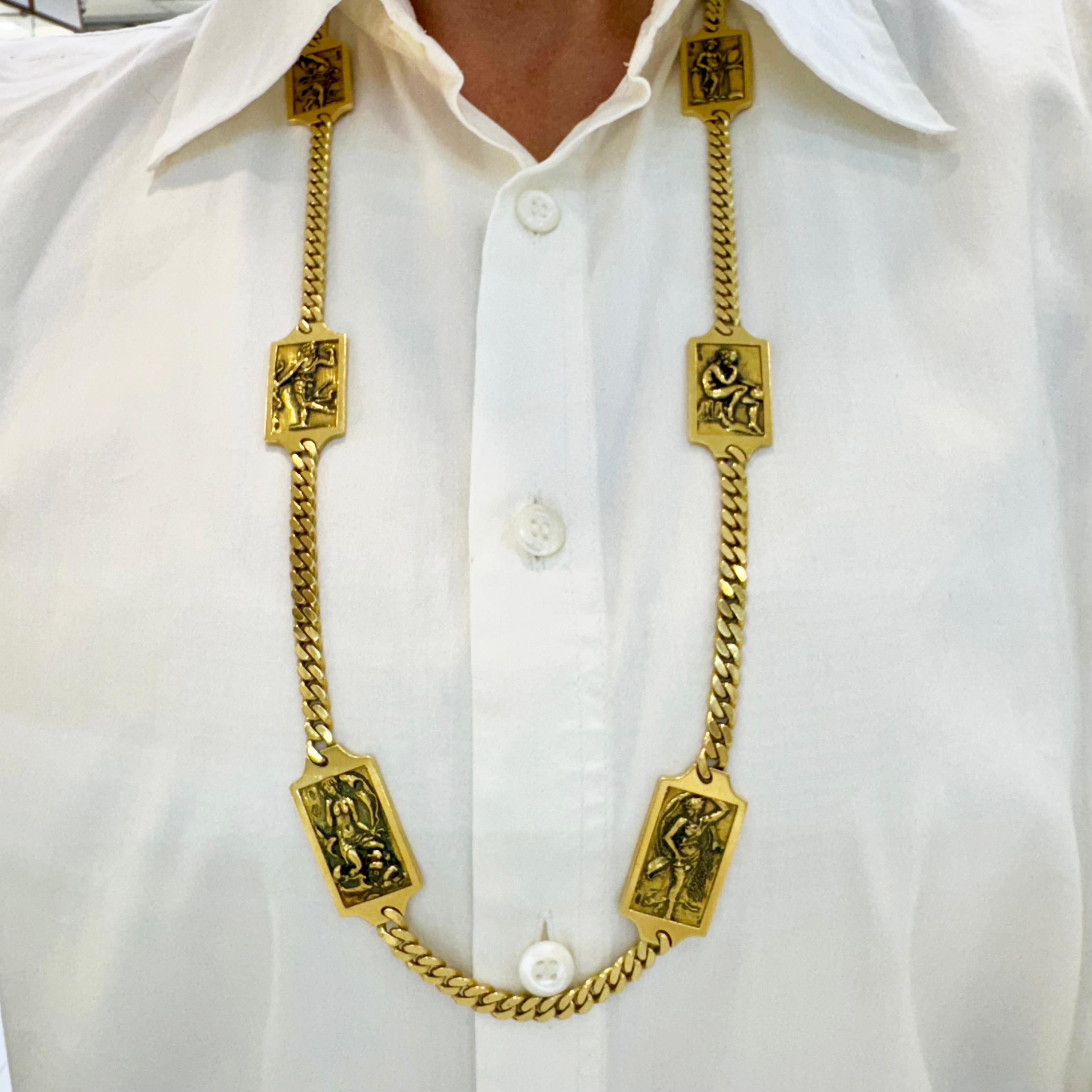 Vintage 18K Yellow Gold Hand Crafted Portrait Station Chain Necklace For Sale 10