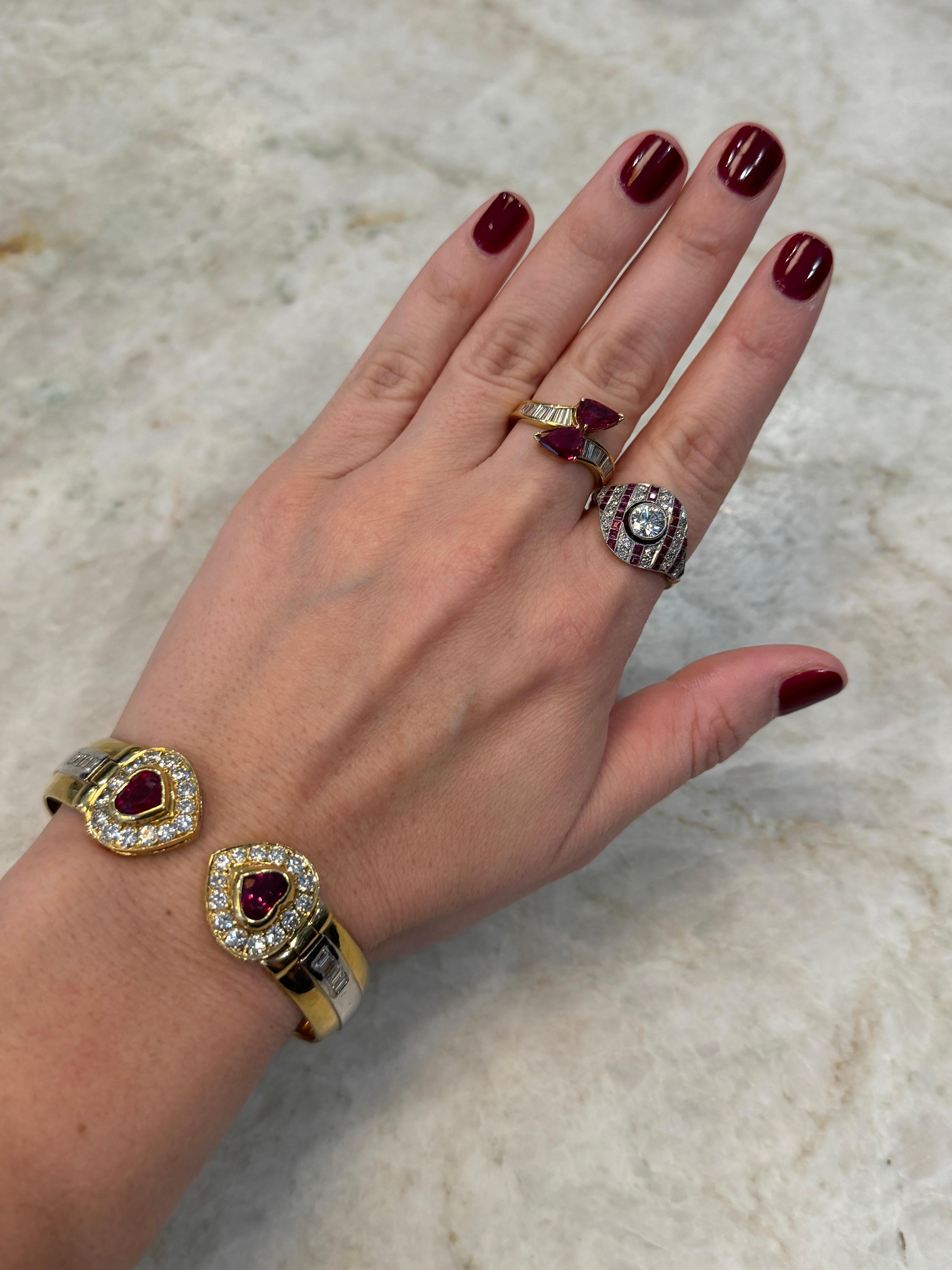 Heart Cut Vintage 18K Yellow Gold Heart-Shaped Ruby and Diamond Bangle Bracelet For Sale