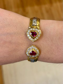 Vintage 18K Yellow Gold Heart-Shaped Ruby and Diamond Bangle Bracelet