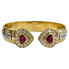 Vintage 18K Yellow Gold Heart-Shaped Ruby and Diamond Bangle Bracelet