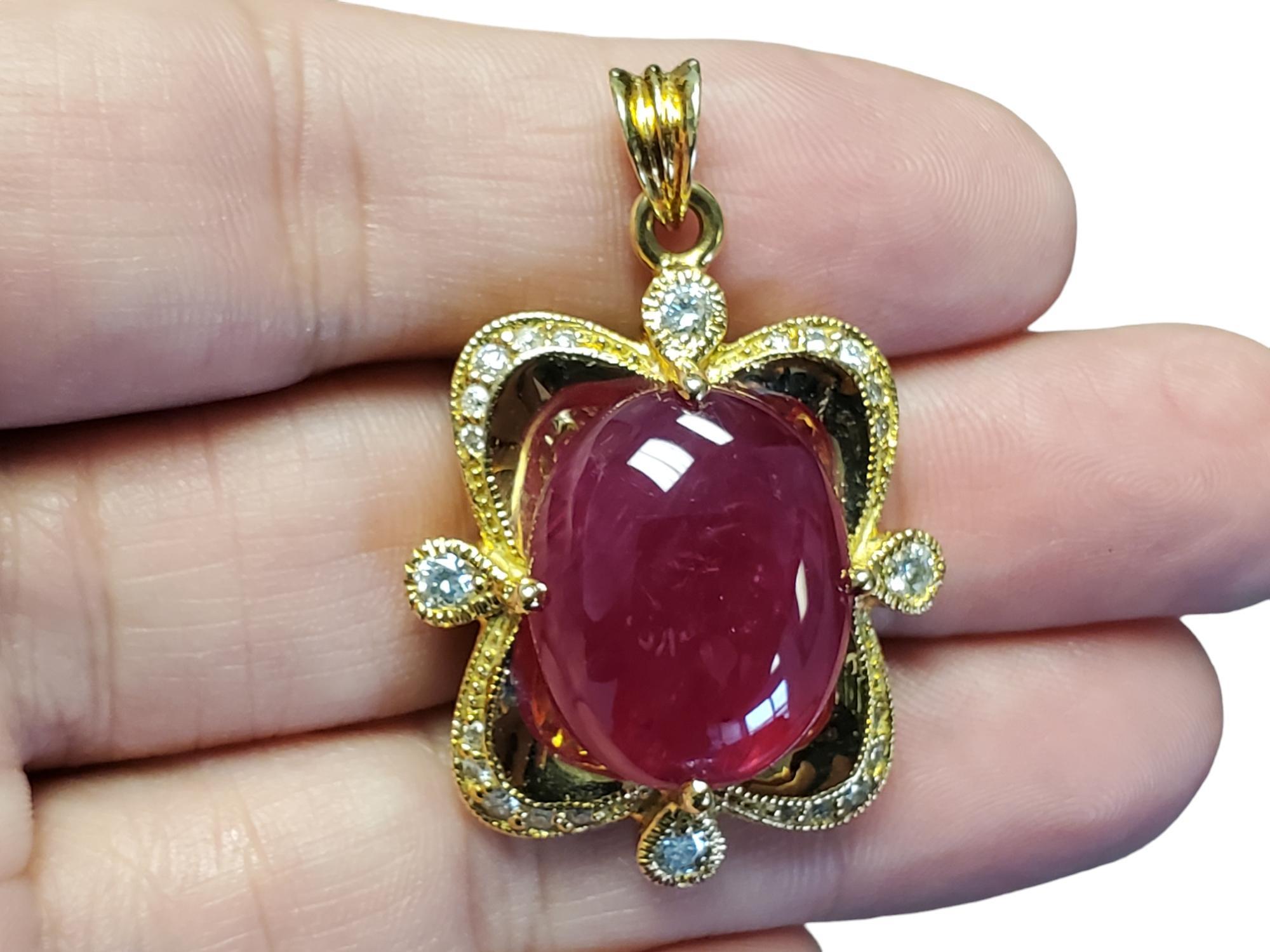 Victorian Vintage 18k Yellow Gold Huge Burma Red Ruby Cabochon and Diamond Pendant