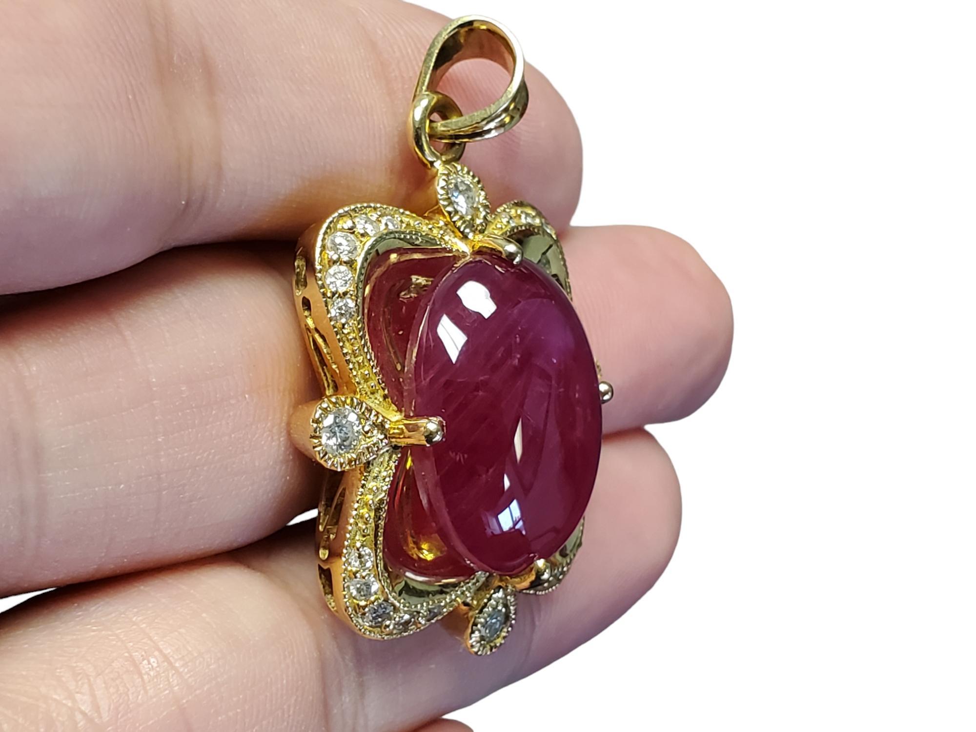 Vintage 18k Yellow Gold Huge Burma Red Ruby Cabochon and Diamond Pendant 1