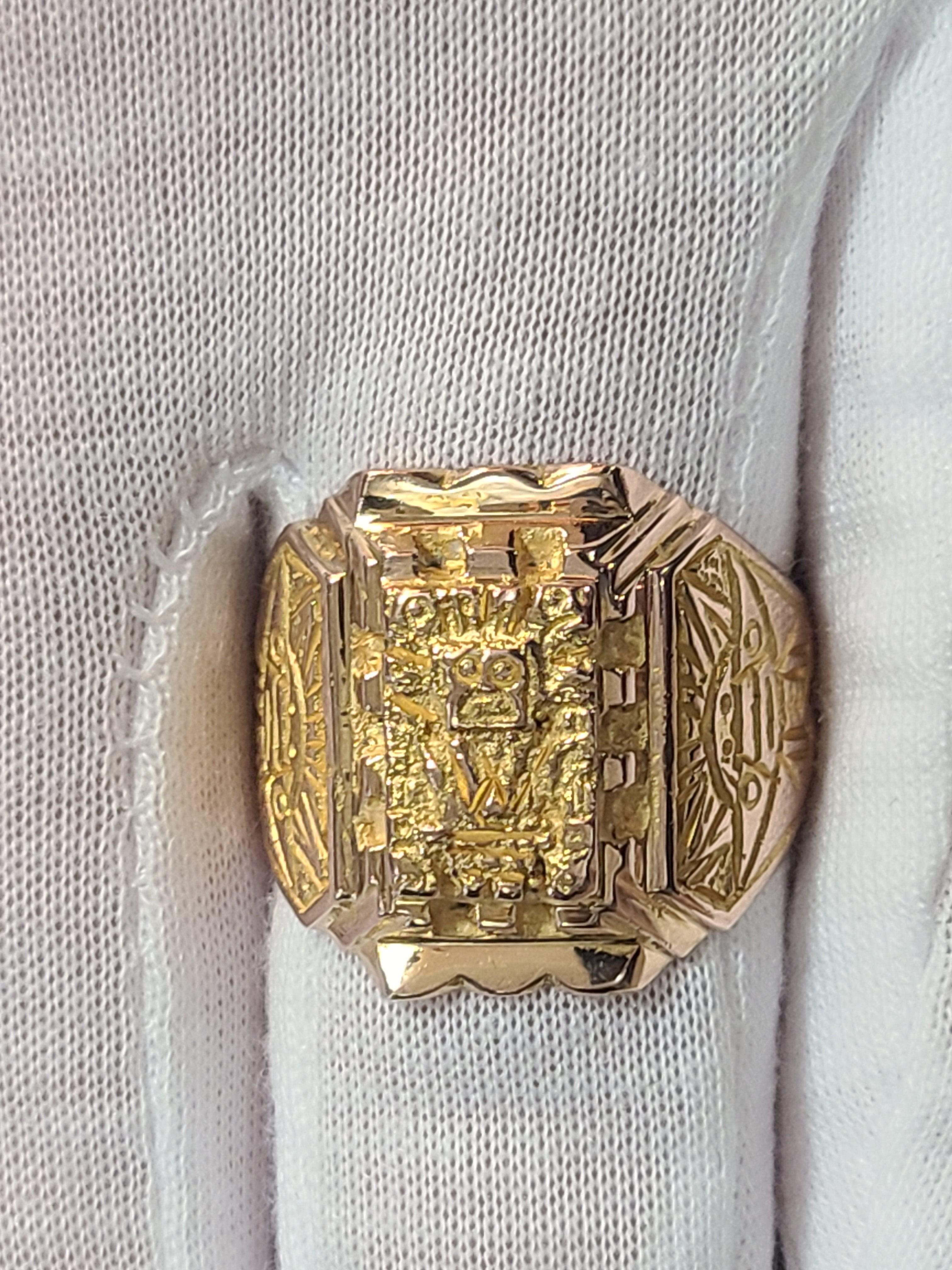 This unique estate find is an Inca inspired ring made of 18K yellow gold and weighs 15.9 grams. 
The ring is size 10.5 and features intricate tooling and a bold design. It's an exception statement-making accessory for anyone looking to add a touch