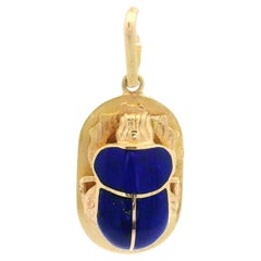 Vintage 18k Yellow Gold Inlaid Lapis Textured Scarab on Oval Plate Pendant