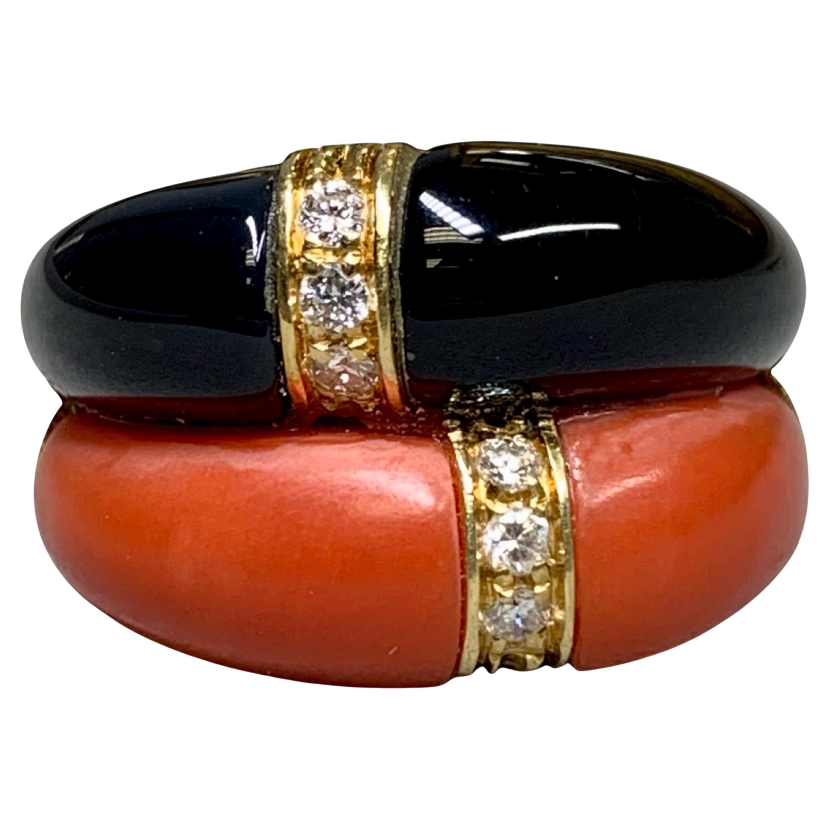 Vintage 18K Yellow Gold Italian Diamond Red Coral Onyx Wide Band Cocktail Ring