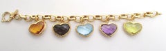 Vintage 18 Karat Yellow Gold Italian Heart Five Charm Bracelet Citrine Amethyst
