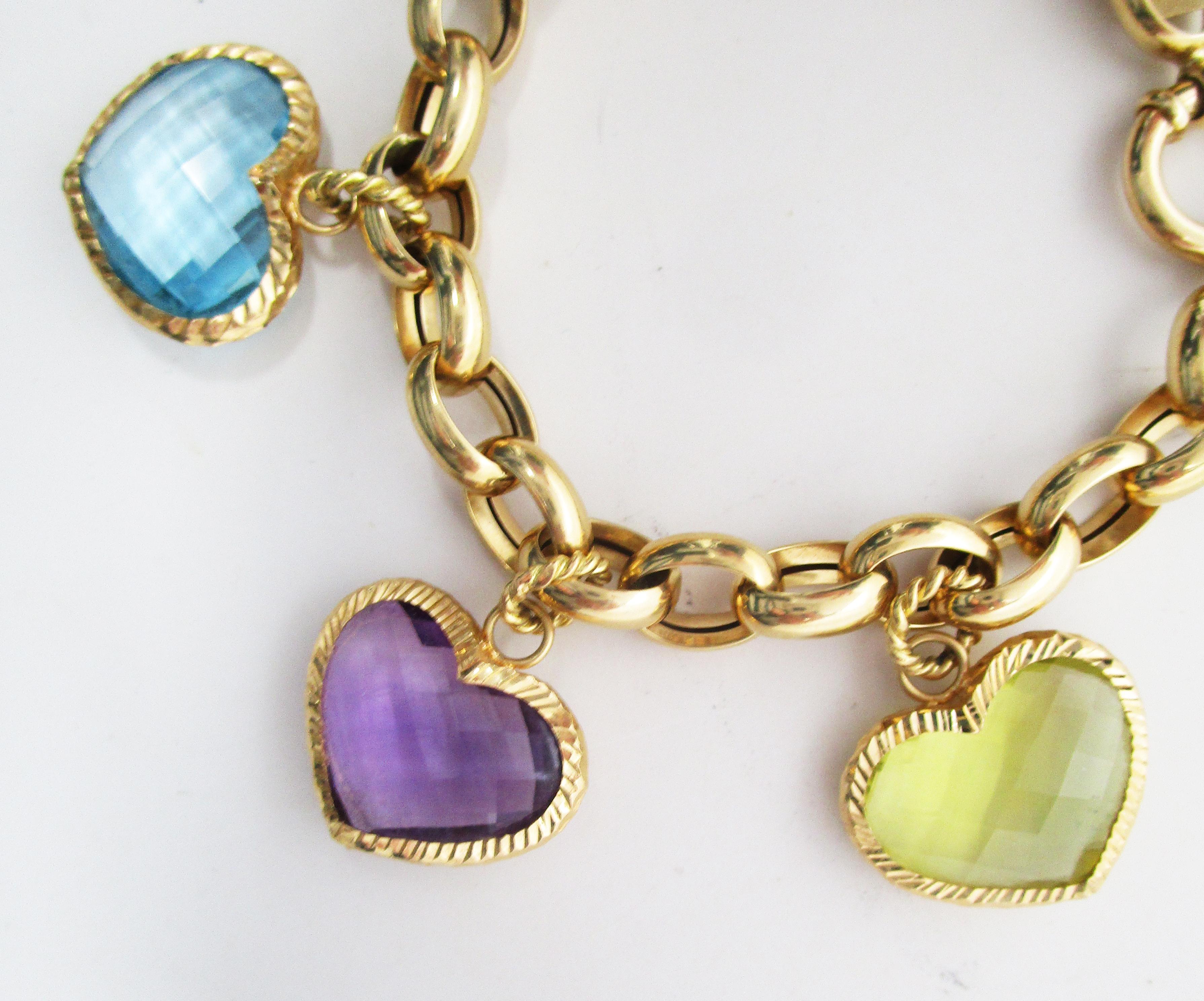 Vintage 18 Karat Gelbgold Italienisch Herz fünf Charme Armband Citrin Amethyst (Modernistisch)