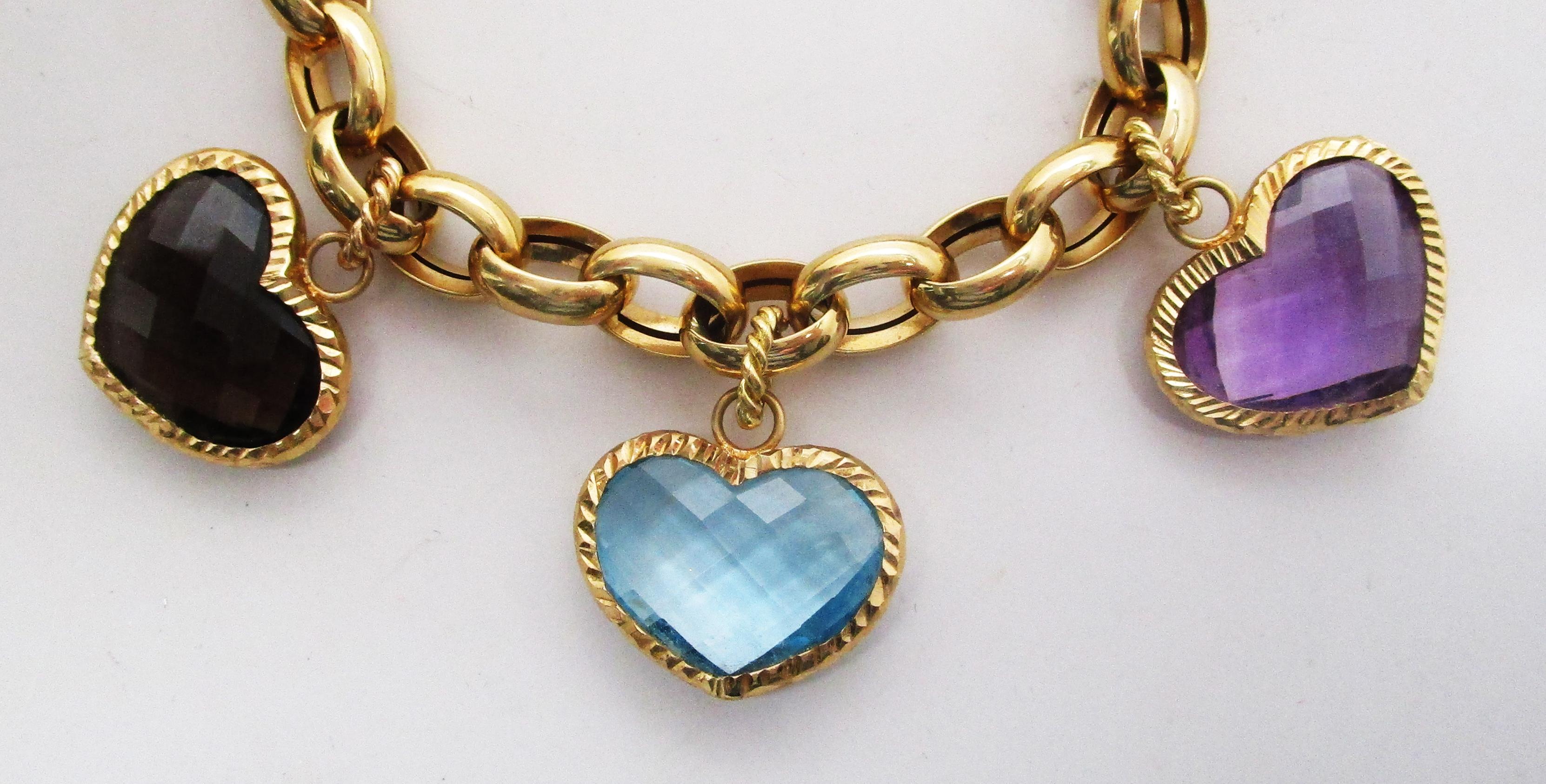 Vintage 18 Karat Gelbgold Italienisch Herz fünf Charme Armband Citrin Amethyst (Herzschliff)