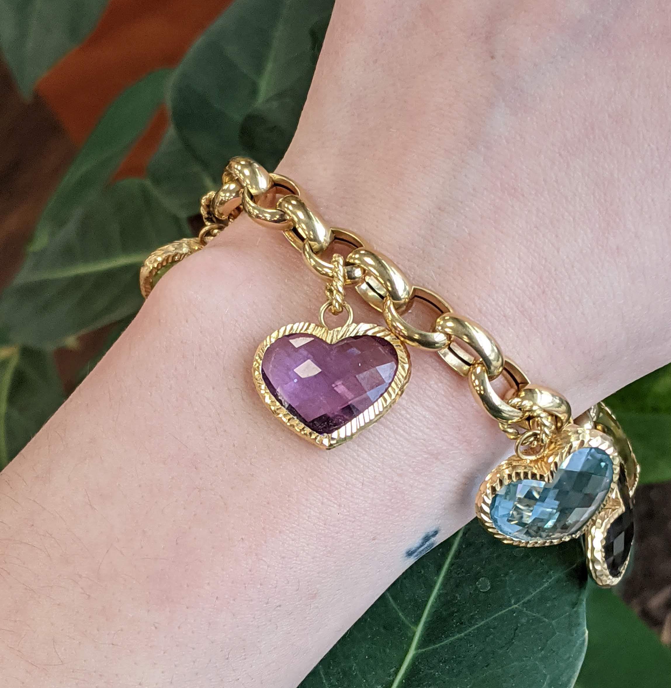 Vintage 18 Karat Gelbgold Italienisch Herz fünf Charme Armband Citrin Amethyst 1