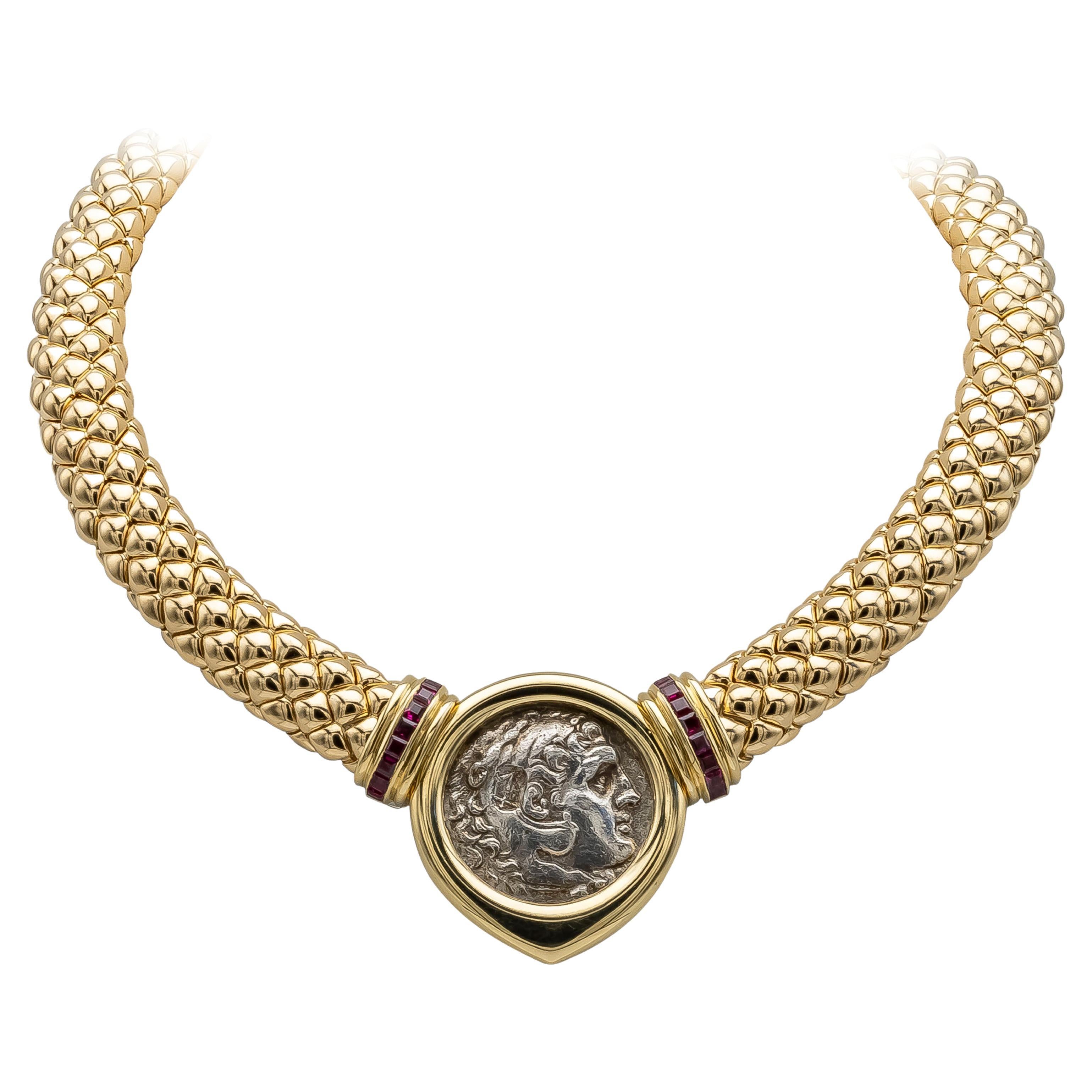 Vintage 18K Yellow Gold Italian Made Coin Collar Necklace For Sale