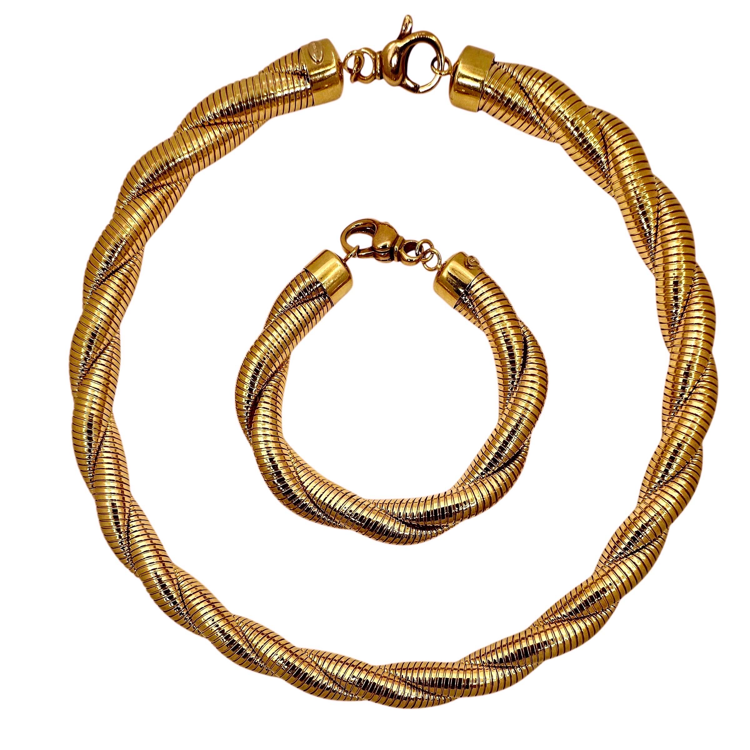 Vintage Or Jaune 18K Italian Tubogas Torsade Necklace and Bracelet Set