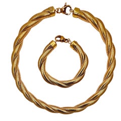 Vintage 18K Yellow Gold Italian Tubogas Torsade Necklace and Bracelet Set