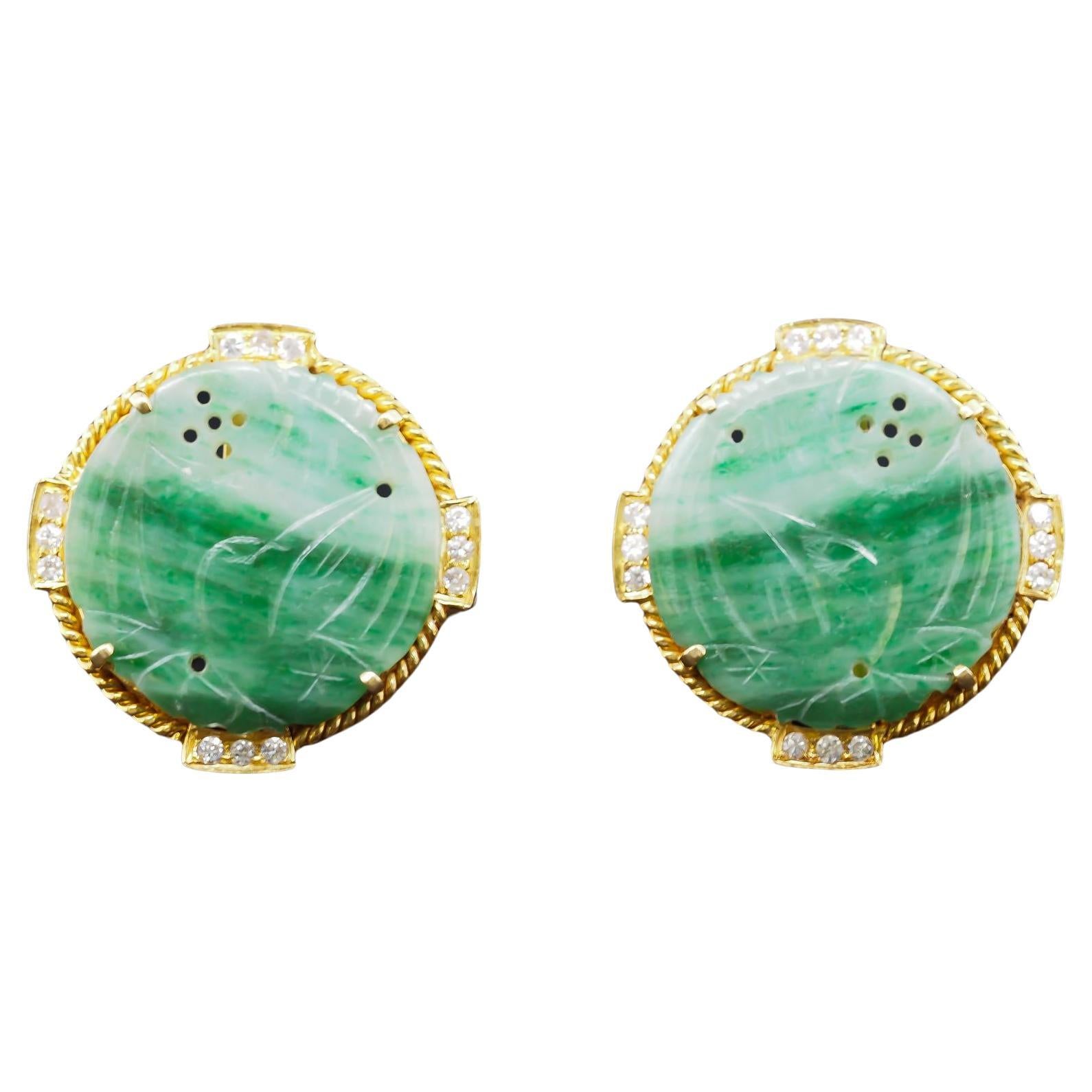 Vintage 18K Yellow Gold Jade and Diamond Cufflinks