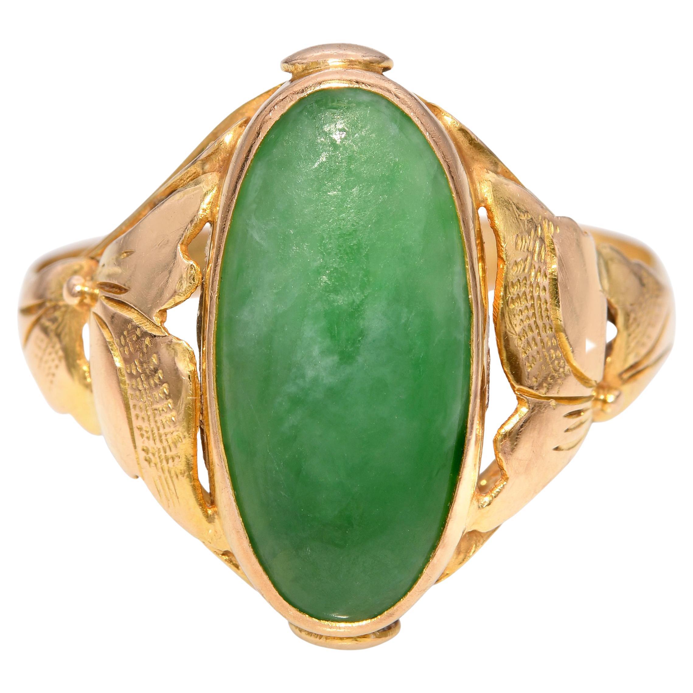 Bague vintage en or jaune 18k avec motif floral et jade