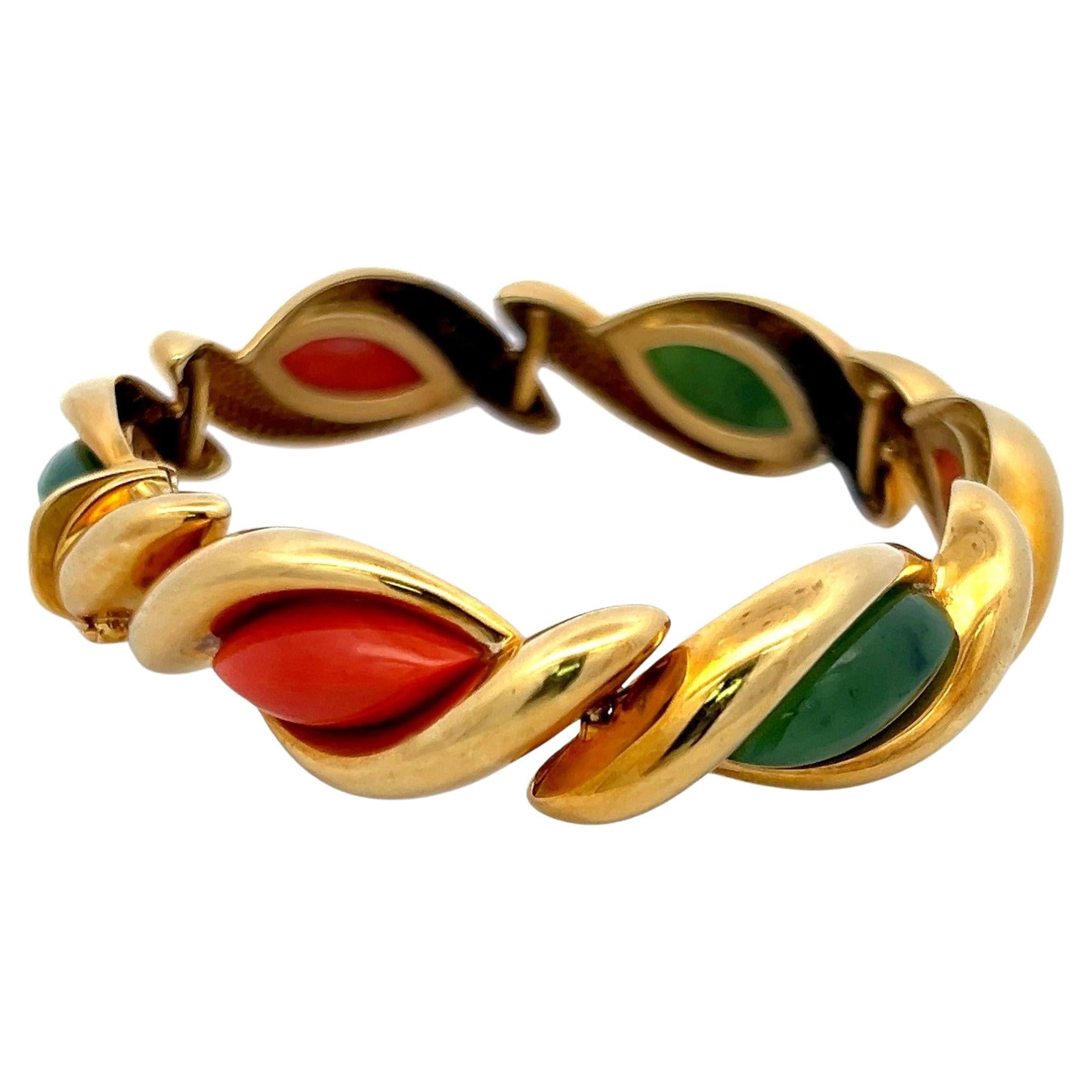 Pulsera vintage de eslabones marquesa de jade y coral de oro amarillo de 18 quilates - 7 pulgadas, 67,4 g