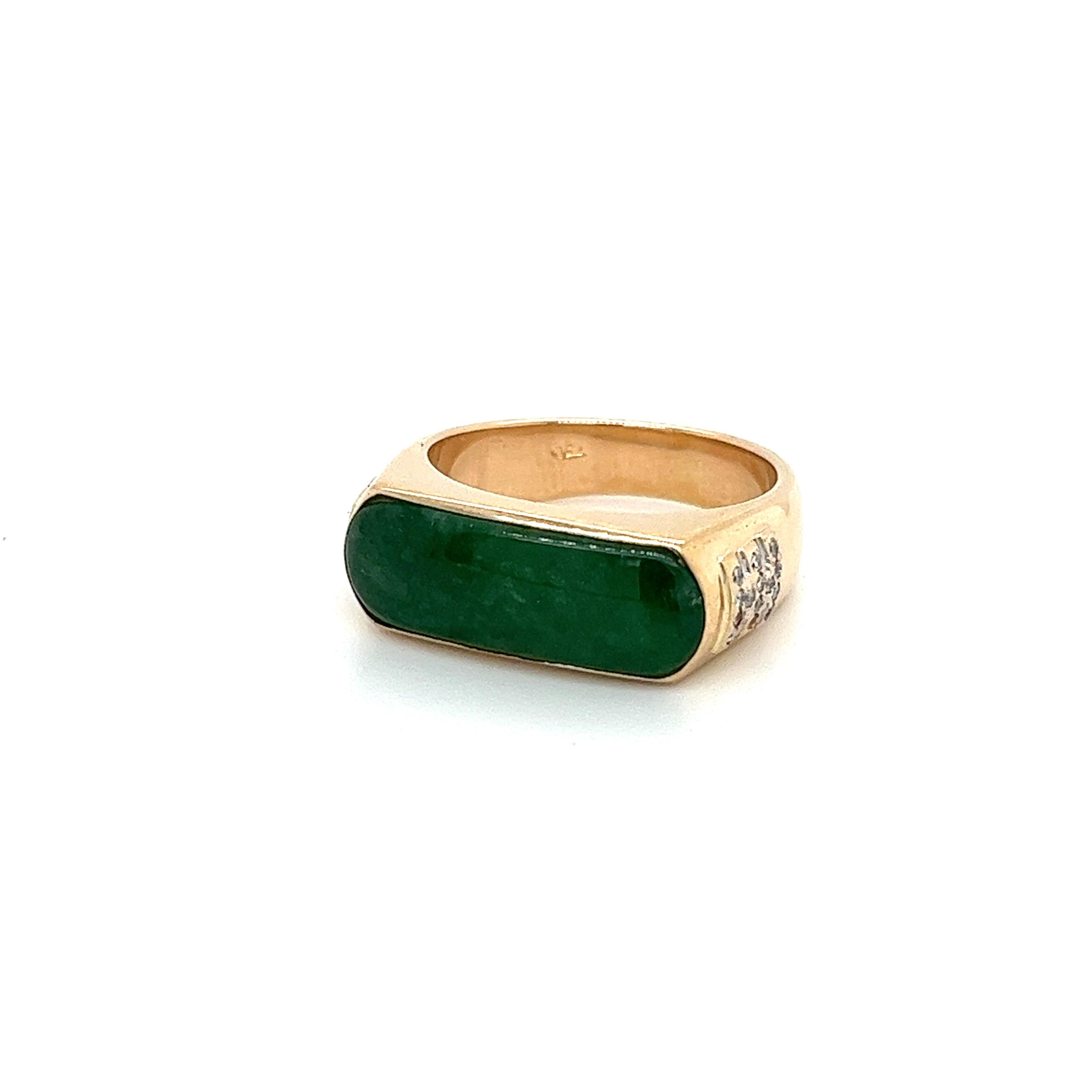 Women's or Men's Vintage 18k Yellow Gold Jadeite Jade and Diamond Horizontal Wide Face Ring For Sale