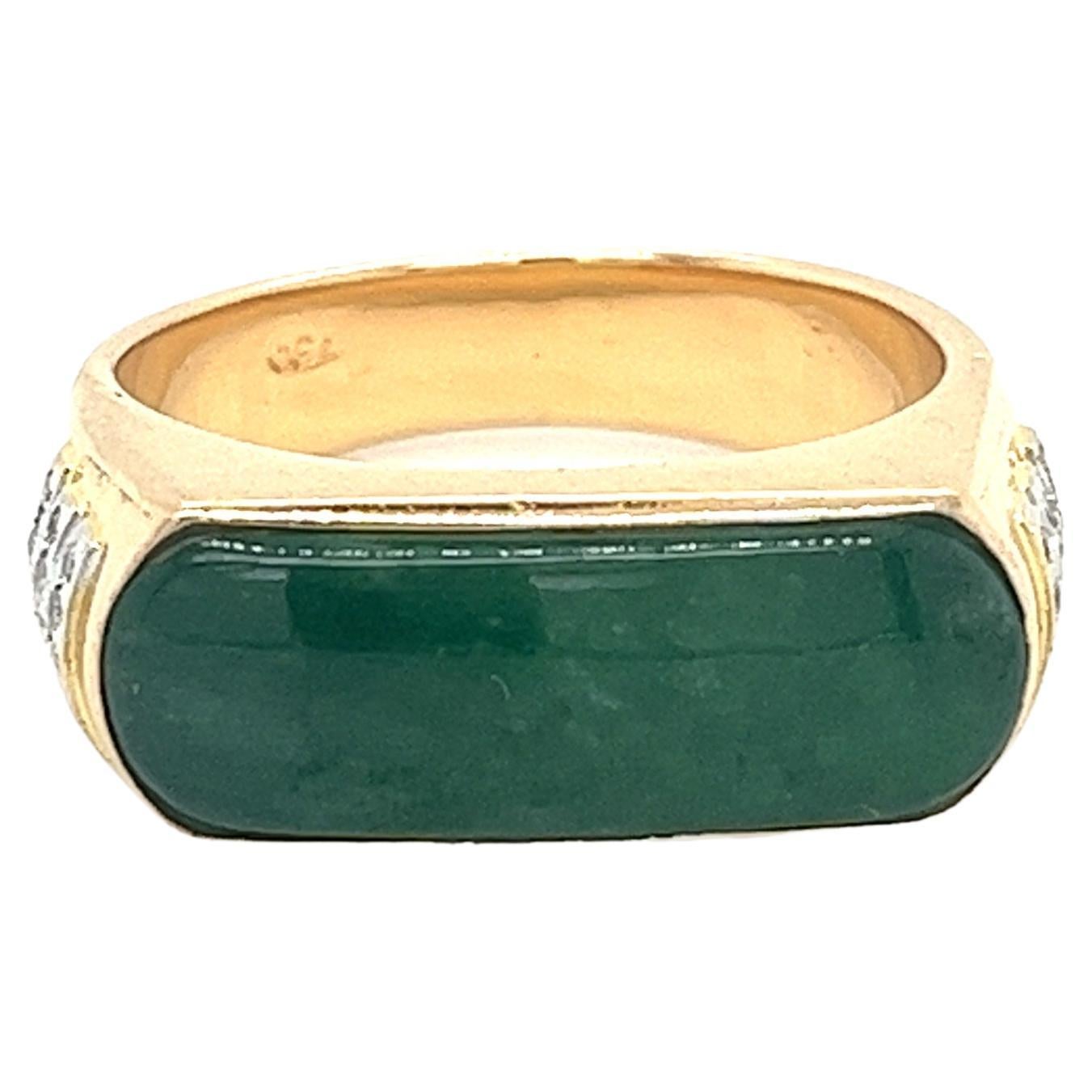 Vintage 18k Yellow Gold Jadeite Jade and Diamond Horizontal Wide Face Ring For Sale