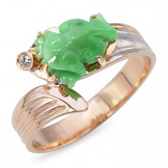 Vintage 18k Yellow Gold Jadeite Jade Frog and Diamond Ring