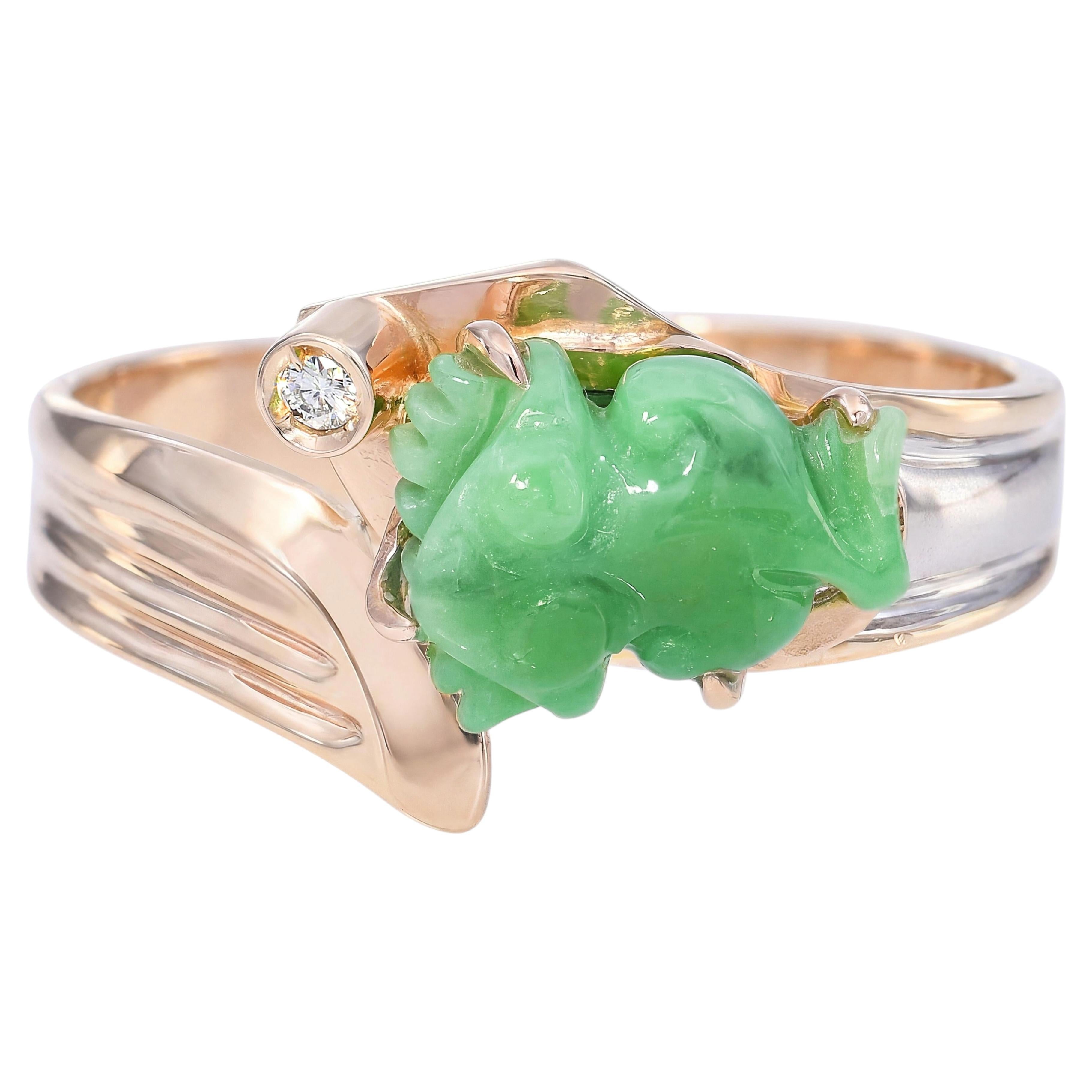 Vintage 18k Yellow Gold Jadeite Jade Frog and Diamond Ring