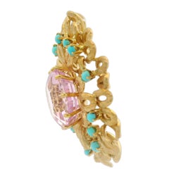 Vintage 18k Yellow Gold Kunzite & Turquoise Matte Finish Open Work Pendant