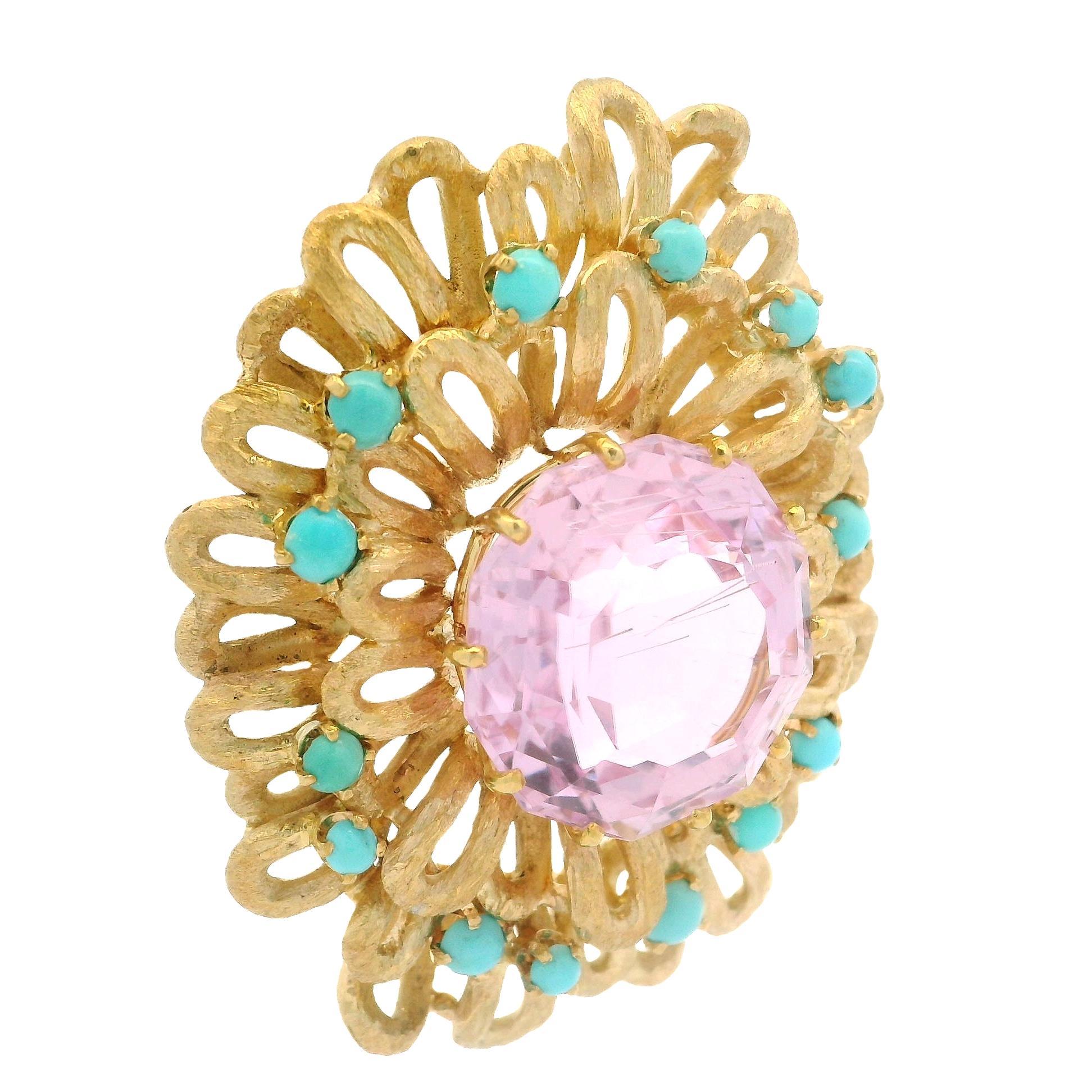 Taille cabochon Pendentif vintage en or jaune 18 carats, finition mate kunzite et turquoise en vente