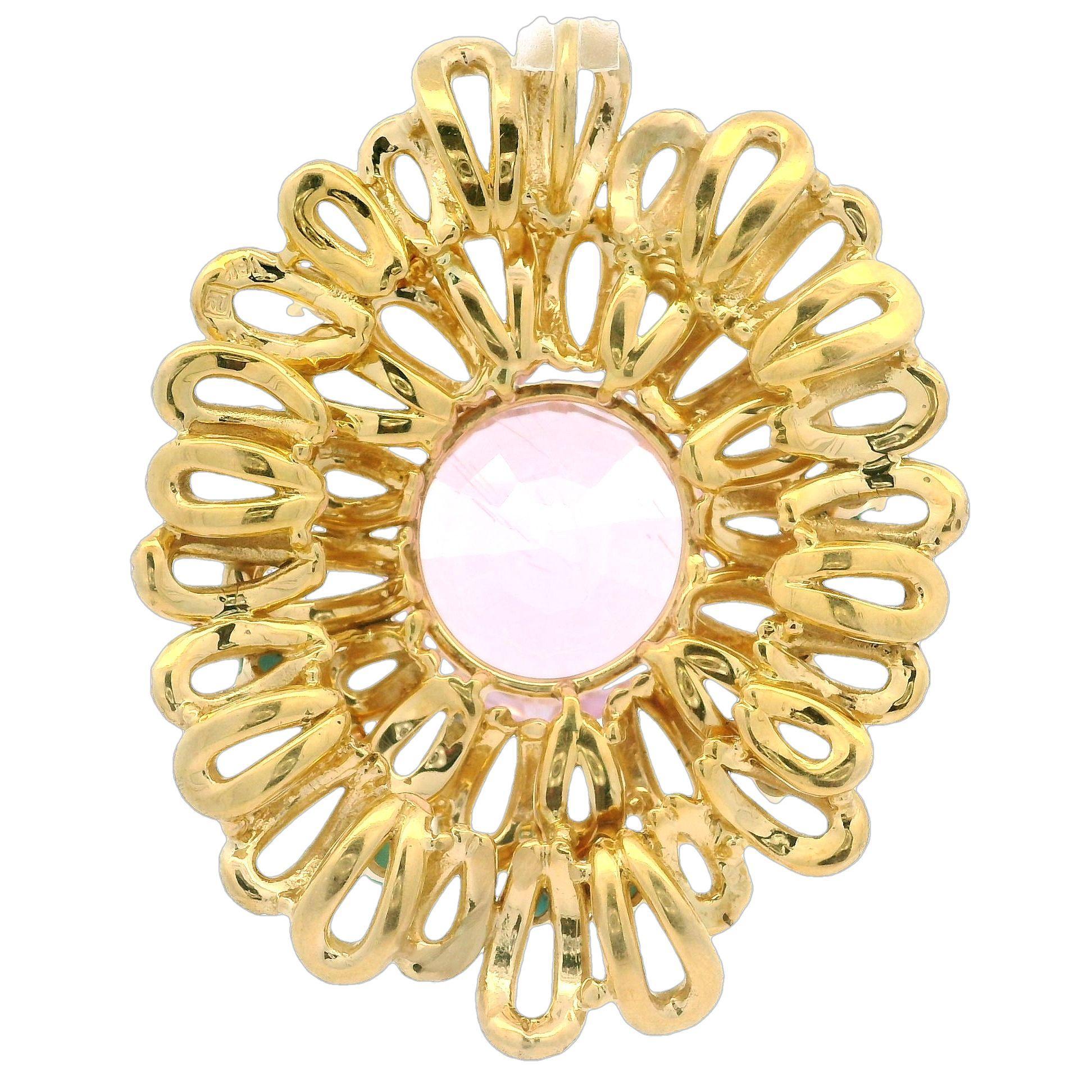 Pendentif vintage en or jaune 18 carats, finition mate kunzite et turquoise Excellent état - En vente à Montclair, NJ
