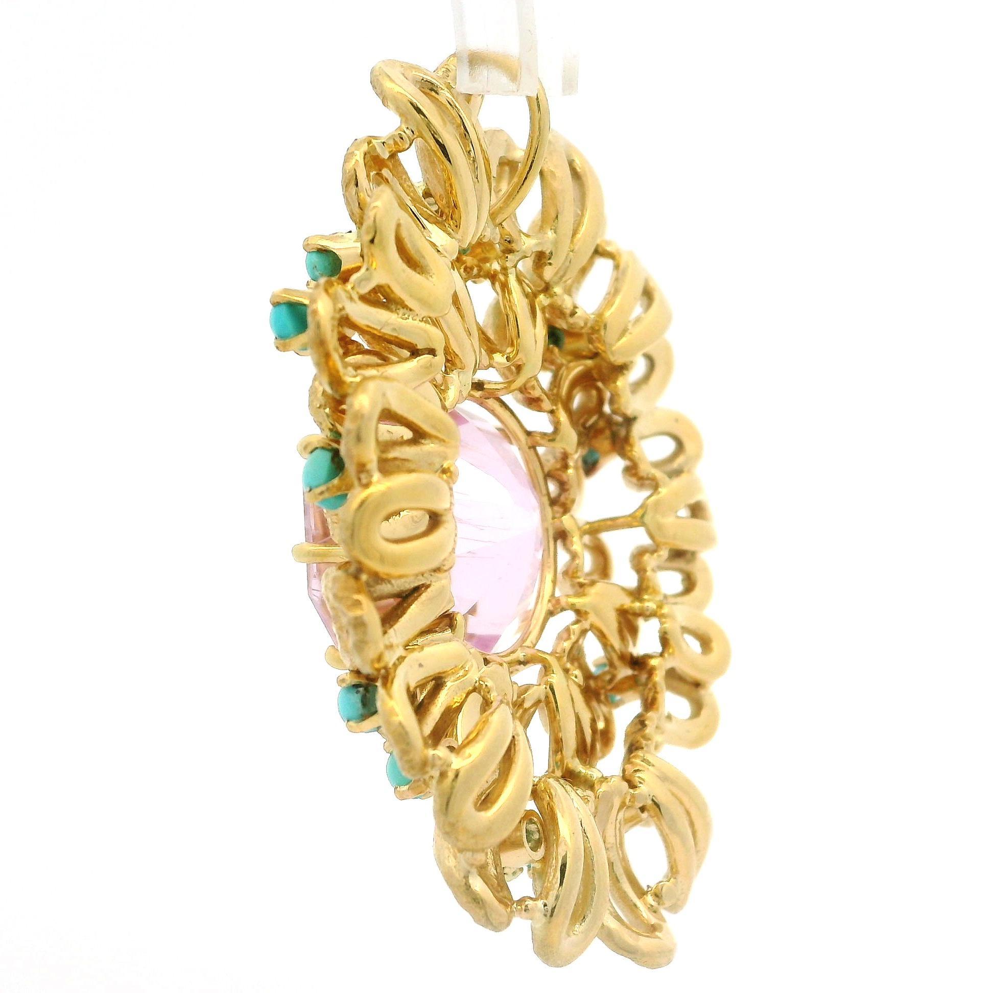 Pendentif vintage en or jaune 18 carats, finition mate kunzite et turquoise Pour femmes en vente