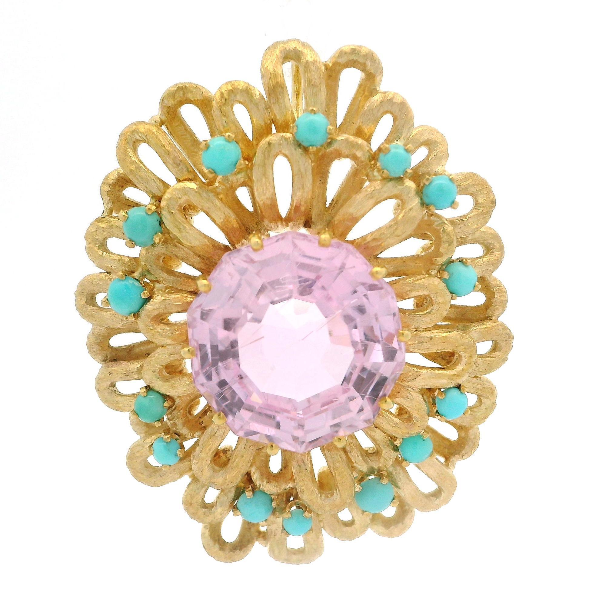 Pendentif vintage en or jaune 18 carats, finition mate kunzite et turquoise en vente 1
