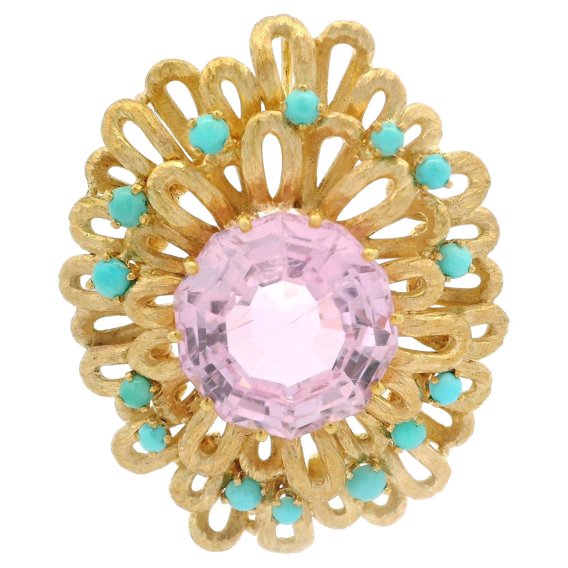 Vintage 18k Yellow Gold Kunzite & Turquoise Matte Finish Open Work Pendant