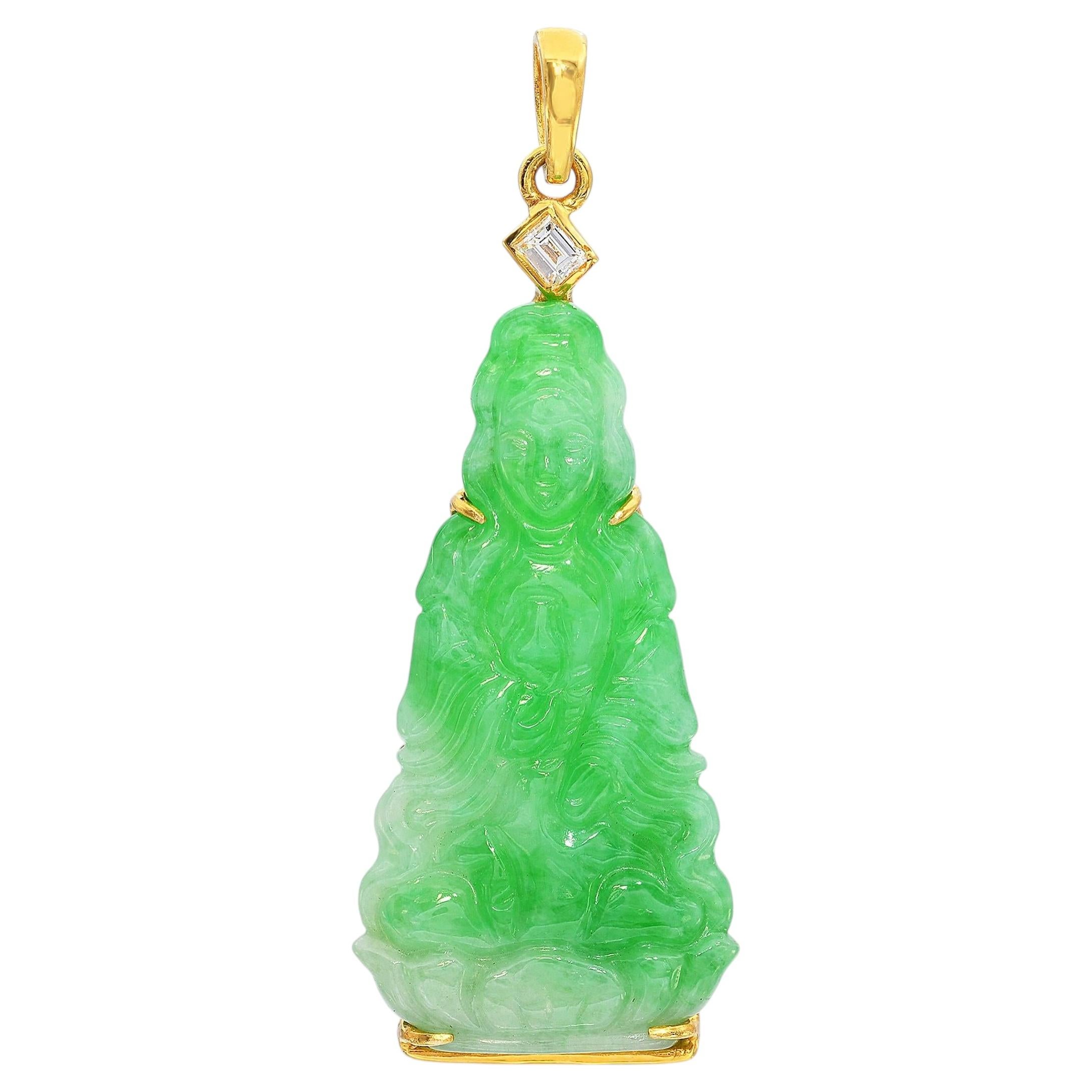 Vintage 18k Yellow Gold Kwan Yin Jadeite Carving With Diamond Accent Pendant