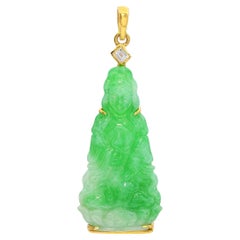 Vintage 18k Yellow Gold Kwan Yin Jadeite Carving With Diamond Accent Pendant