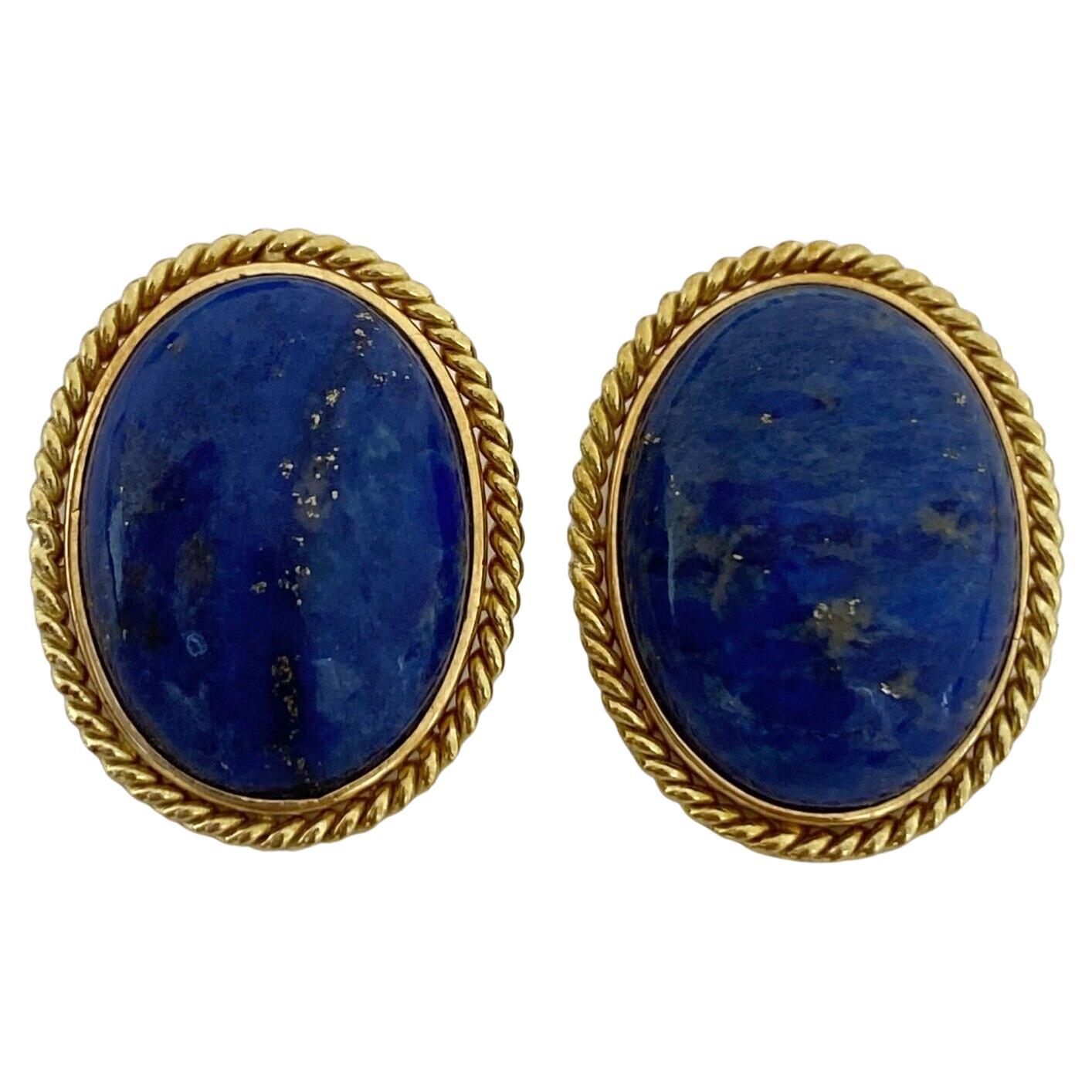 VINTAGE 18K Yellow gold  LAPIS BLUE OVAL CLIP ON EARRINGS For Sale