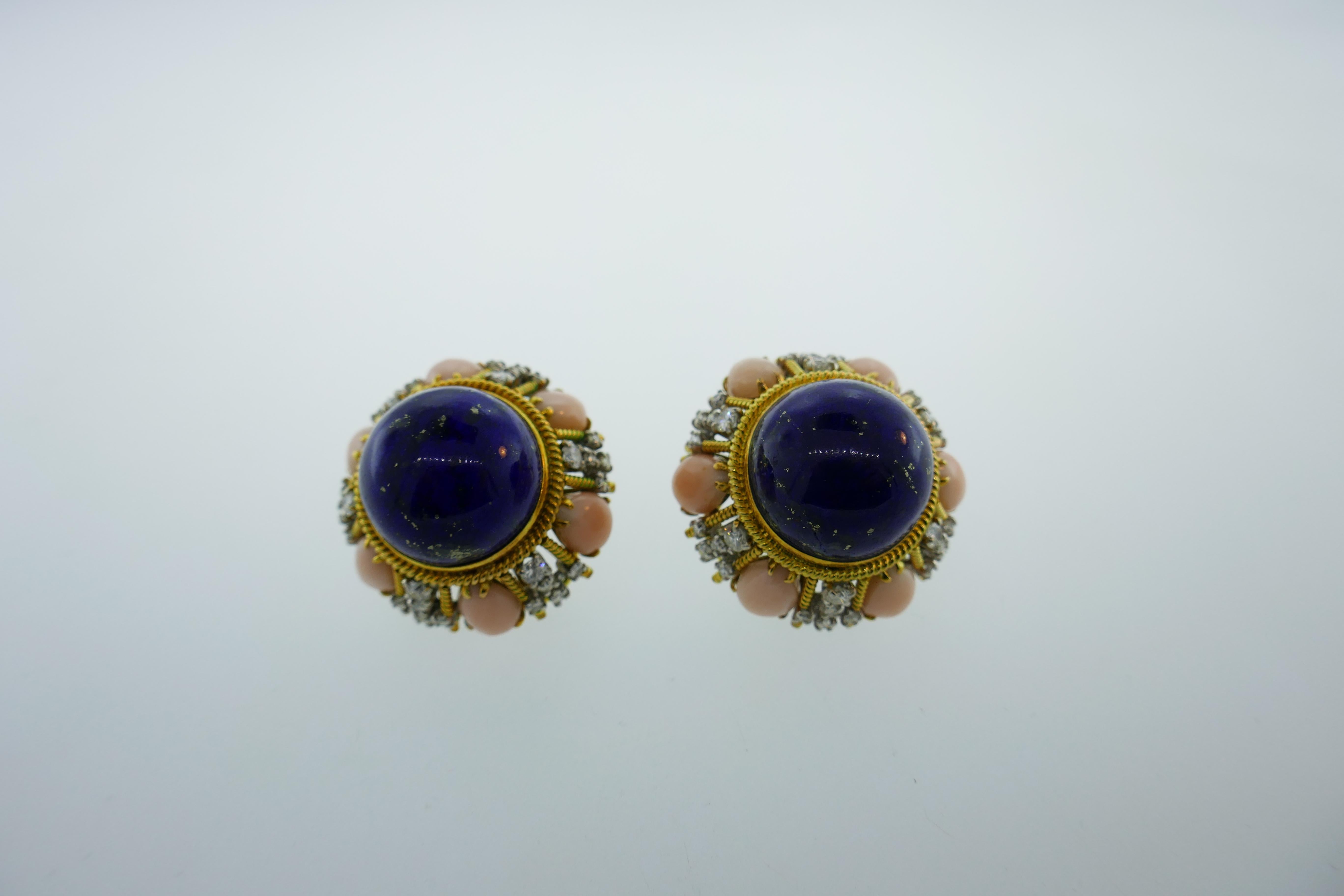 Vintage 18K Yellow Gold, Lapis, Coral & Diamond Ring & Earrings Set circa 1960s 2