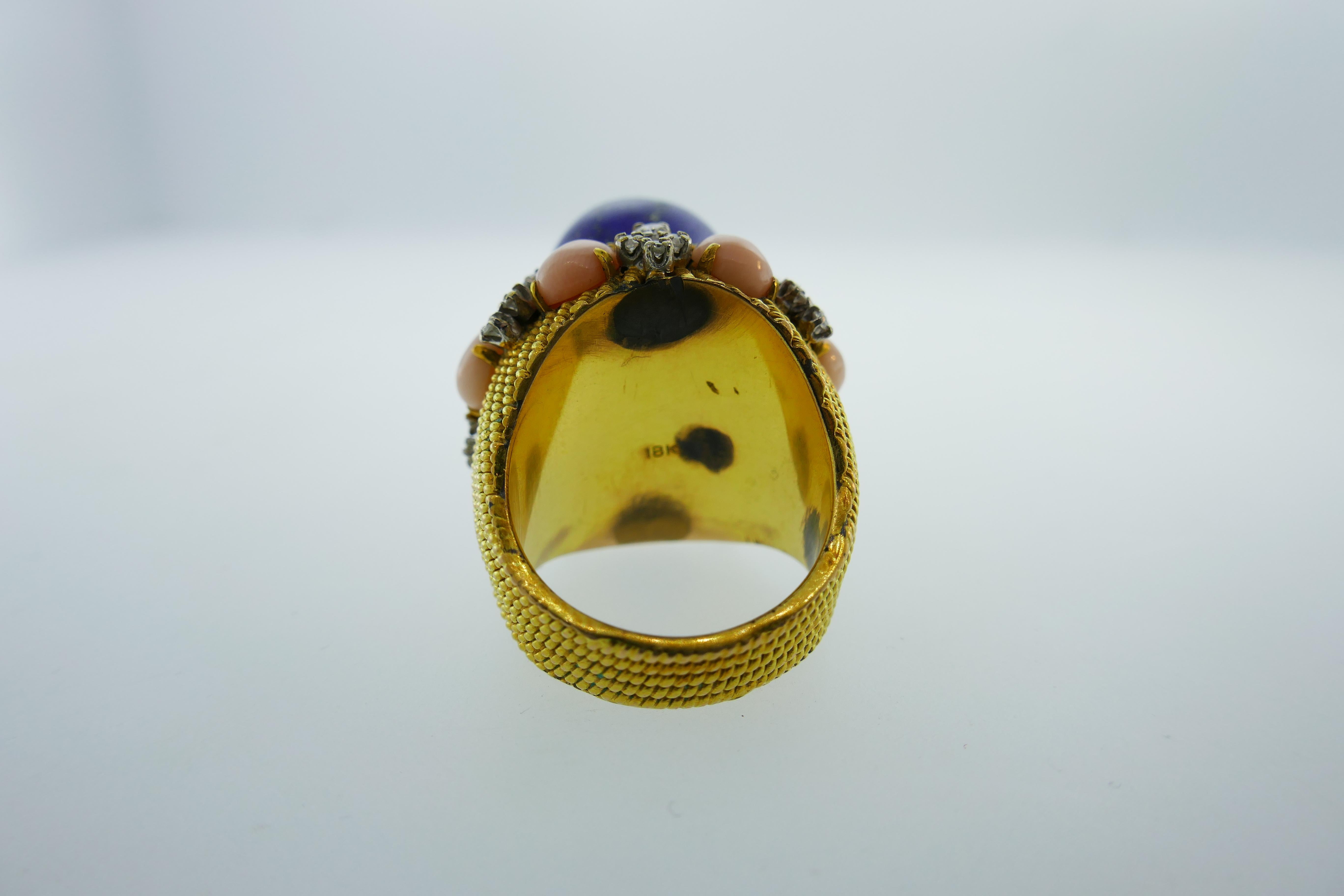 Vintage 18K Yellow Gold, Lapis, Coral & Diamond Ring & Earrings Set circa 1960s 3
