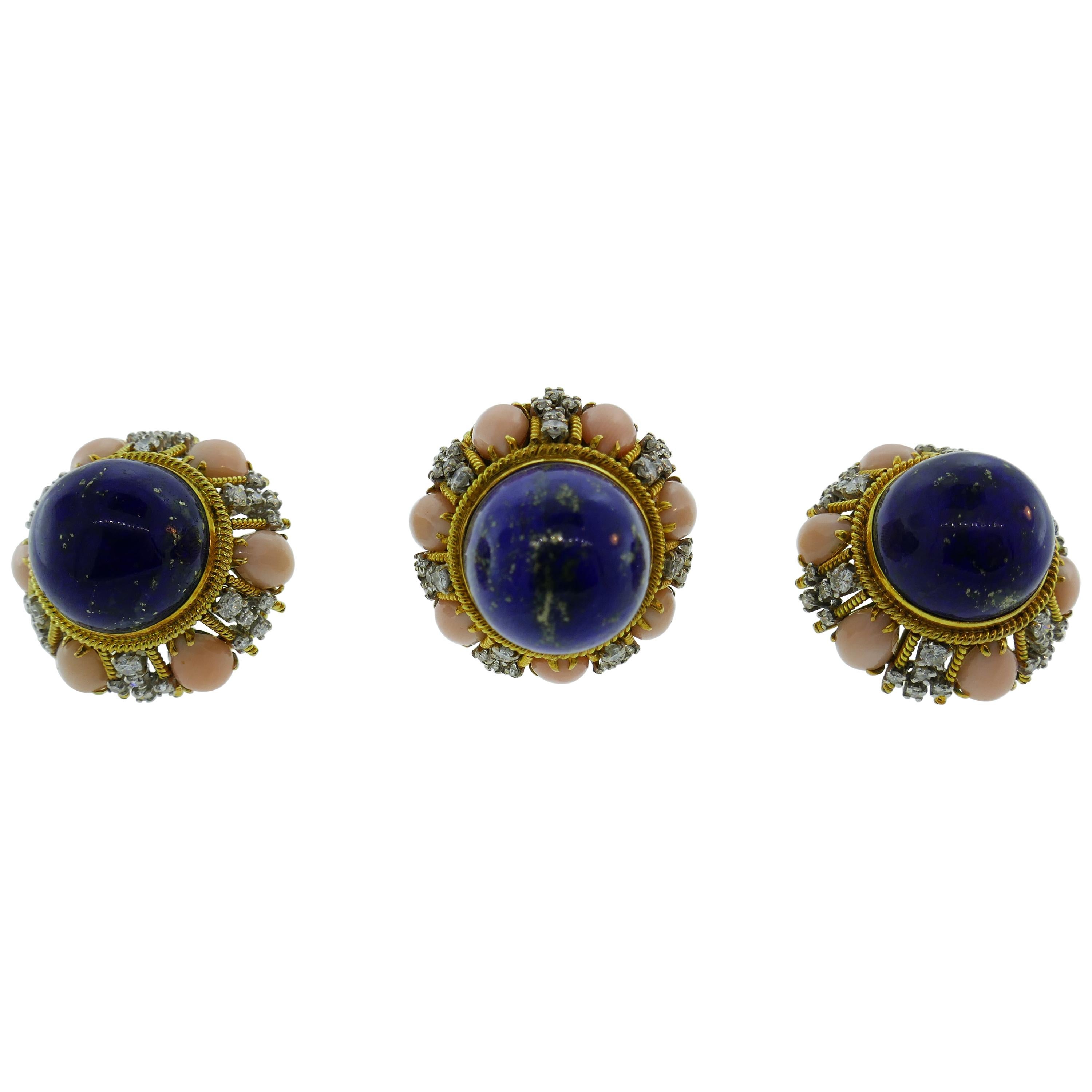 Vintage 18K Yellow Gold, Lapis, Coral & Diamond Ring & Earrings Set circa 1960s