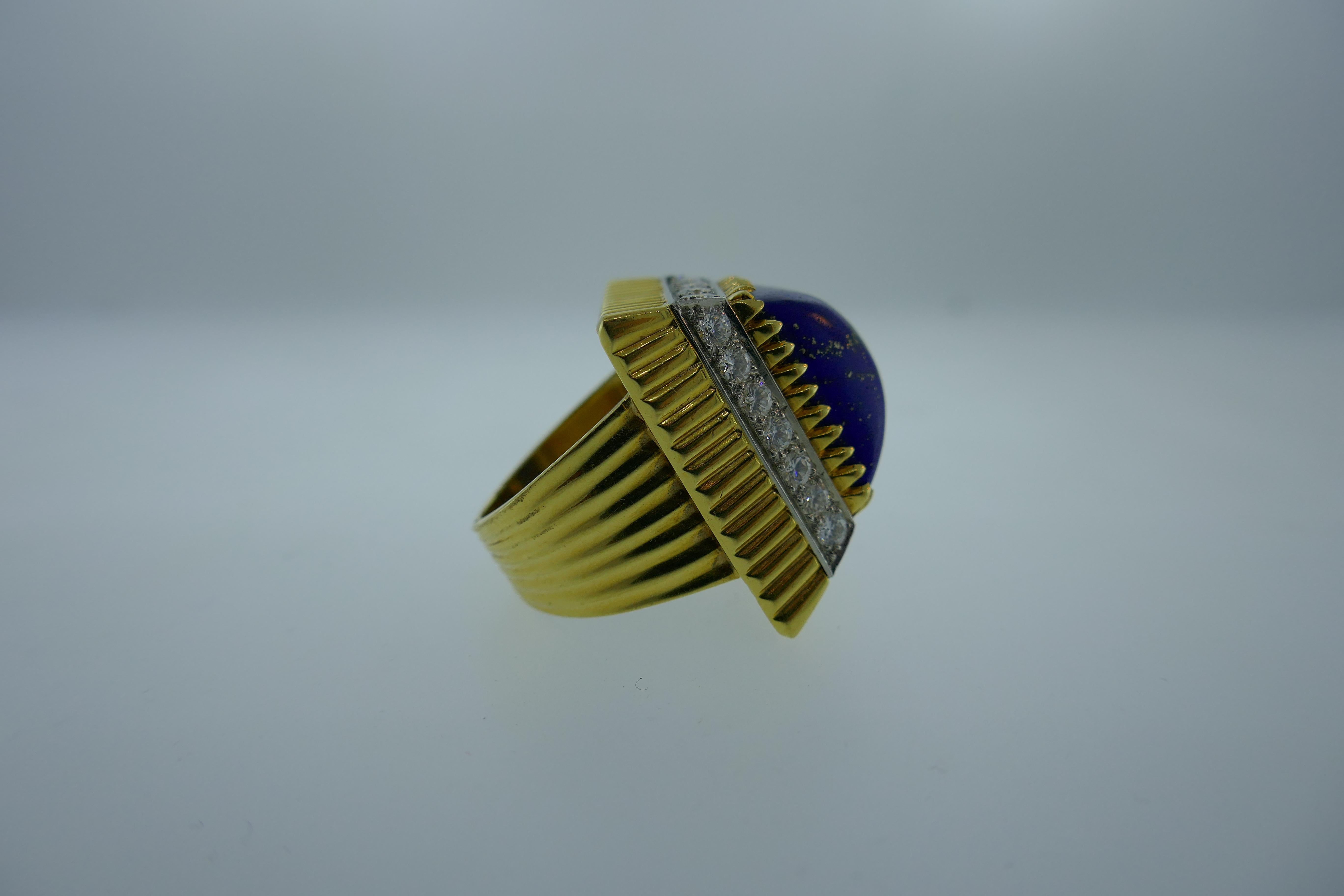 Vintage 18 Karat Yellow Gold, Lapis and Diamond Cocktail Ring, circa 1970s In Excellent Condition In Beverly Hills, CA