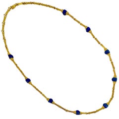Vintage 18K Yellow Gold & Lapis Lazuli 32 Inch Long Chain by Carlo Weingrill
