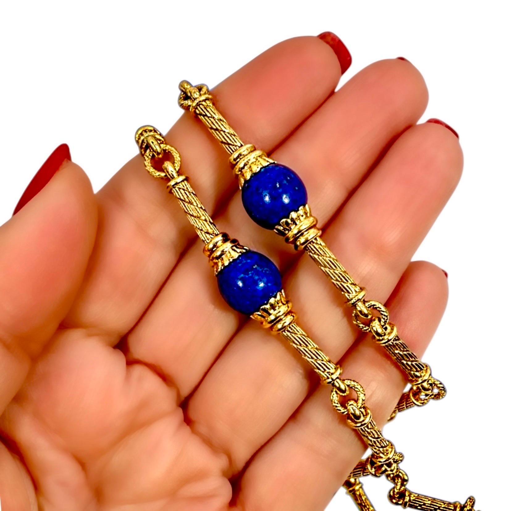 Vintage 18K Yellow Gold & Lapis Lazuli 32 Inch Long Chain by Carlo Weingrill For Sale