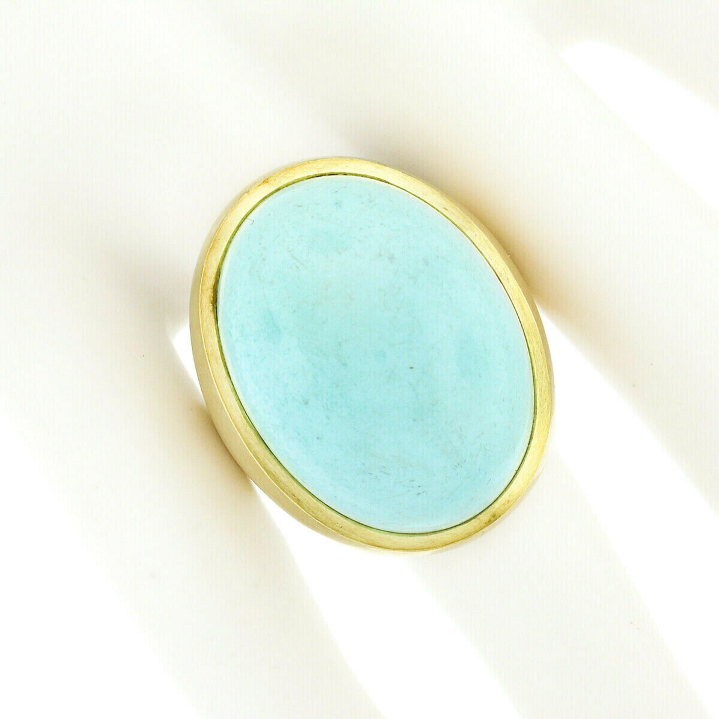 Vintage 18k Yellow Gold Large Bezel Cabochon Turquoise Solitaire Statement Ring In Good Condition In Montclair, NJ