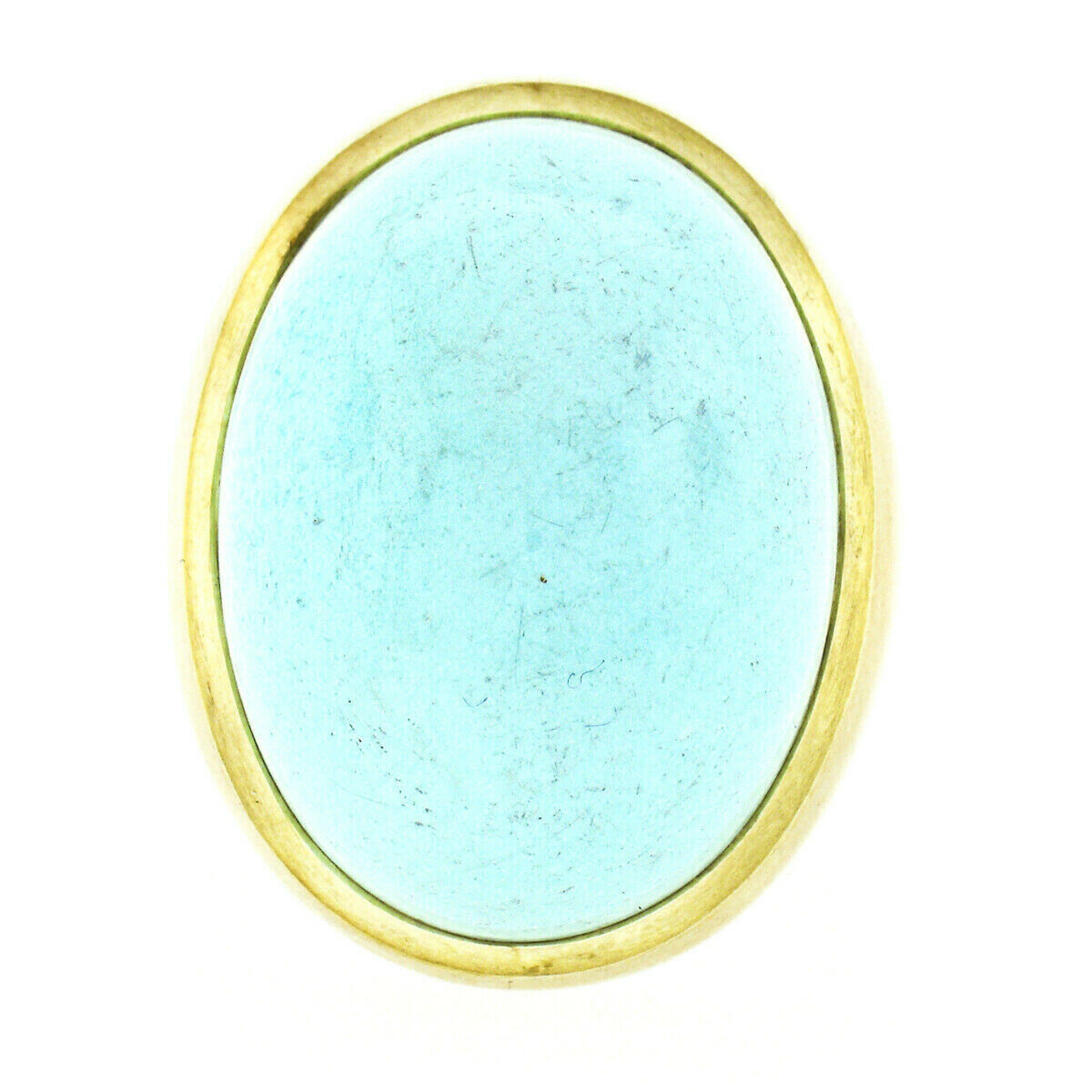 Women's or Men's Vintage 18k Yellow Gold Large Bezel Cabochon Turquoise Solitaire Statement Ring
