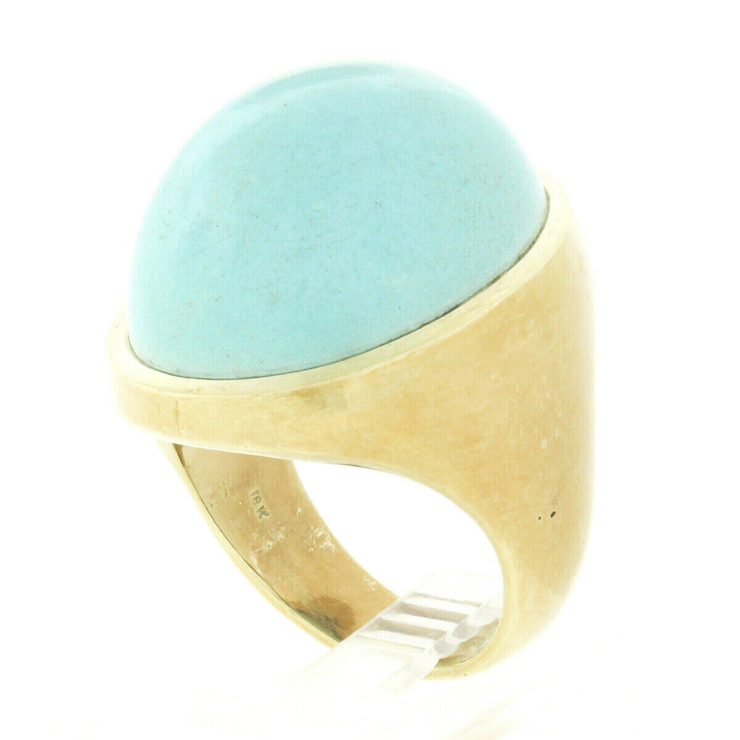 Vintage 18k Yellow Gold Large Bezel Cabochon Turquoise Solitaire Statement Ring 1