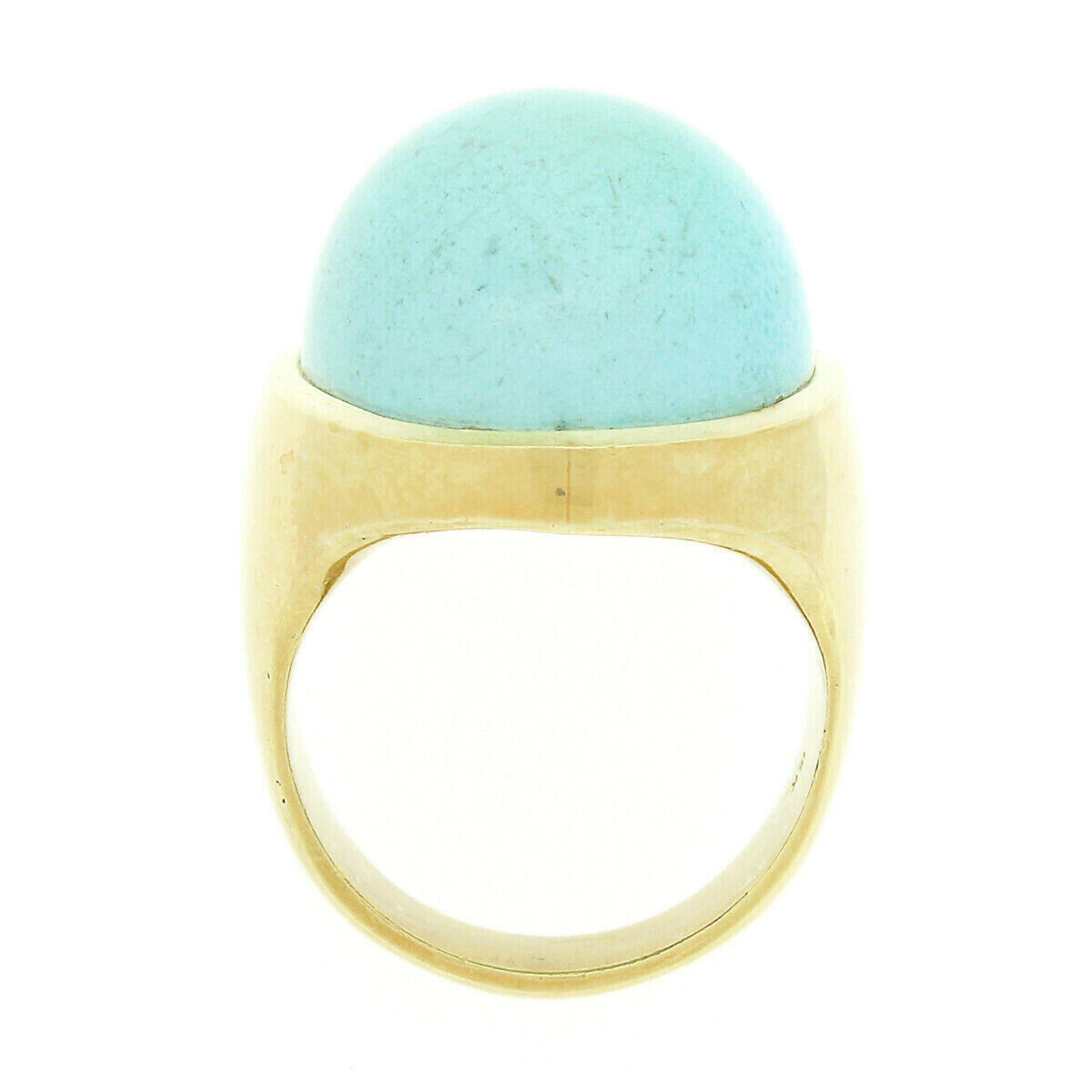Vintage 18k Yellow Gold Large Bezel Cabochon Turquoise Solitaire Statement Ring 2