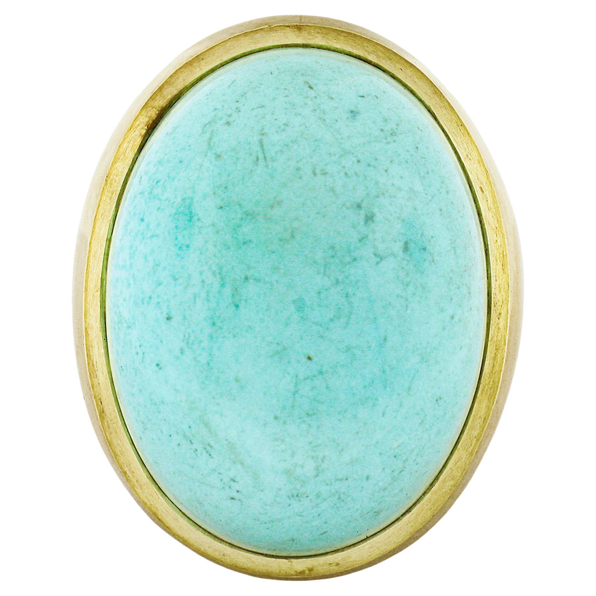 Vintage 18k Yellow Gold Large Bezel Cabochon Turquoise Solitaire Statement Ring