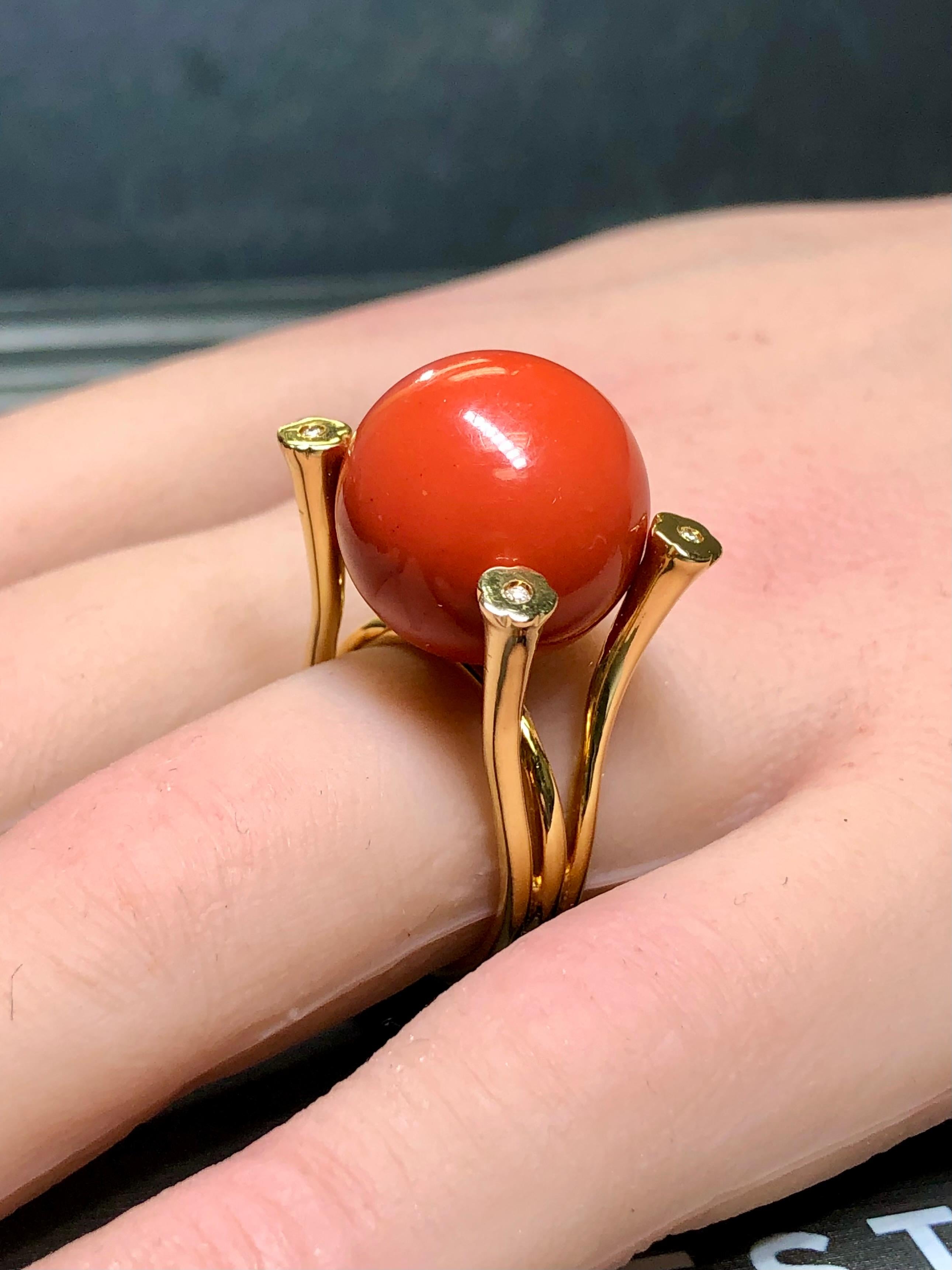 Vintage 18K Yellow Gold Large Coral Sphere Diamond Cocktail Ring 15.76mm Sz 7 For Sale 1
