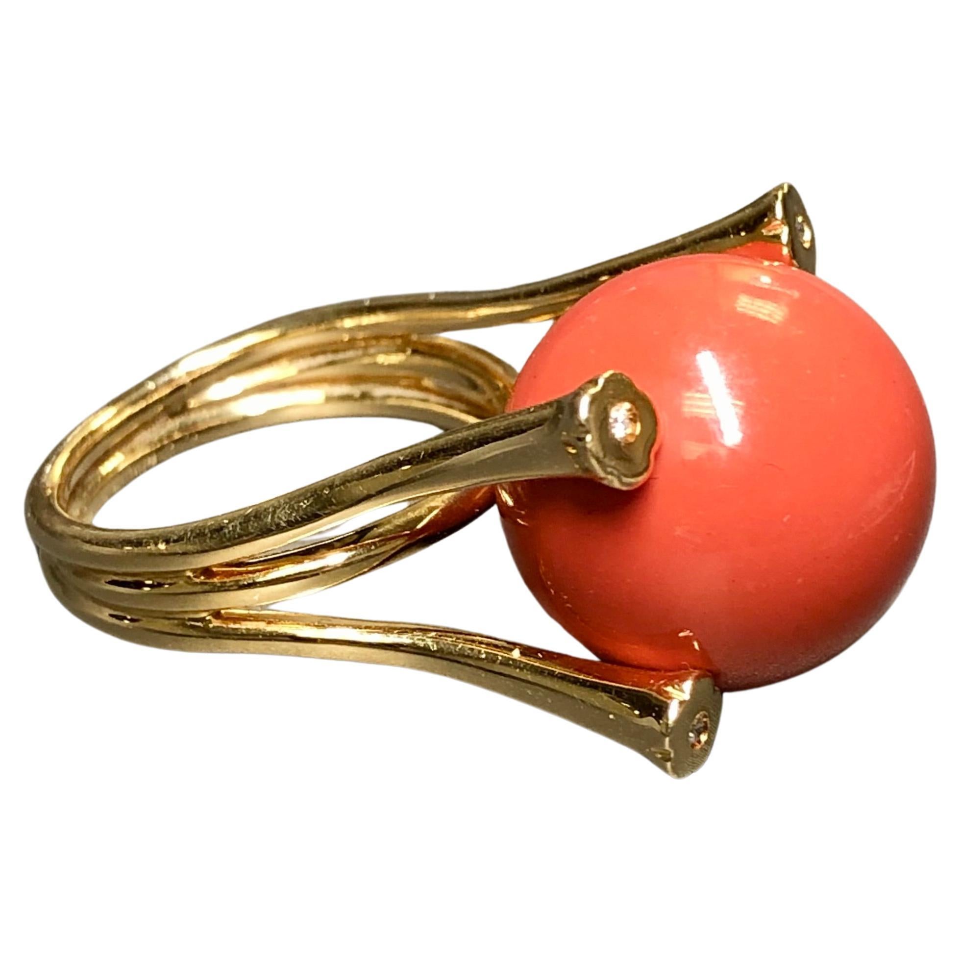 Vintage 18K Yellow Gold Large Coral Sphere Diamond Cocktail Ring 15.76mm Sz 7 For Sale