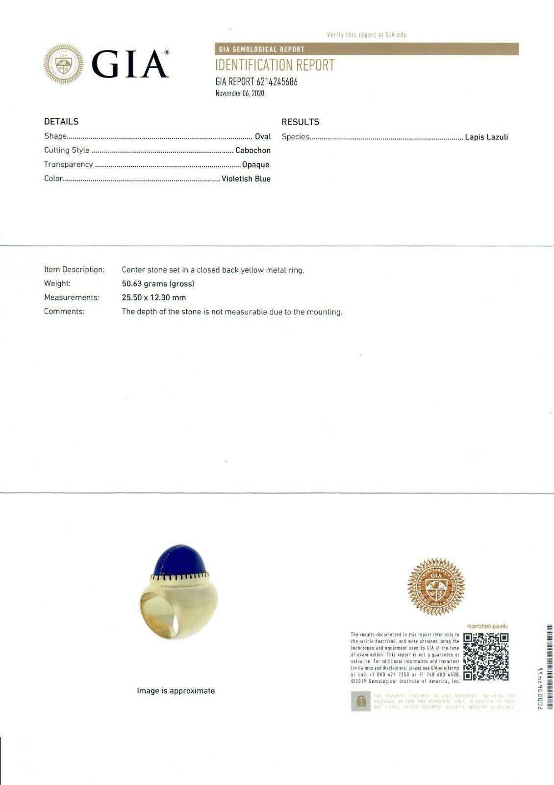 Vintage 18 Karat Gold Large GIA Oval Cabochon Lapis Lazuli Wide Statement Ring 6