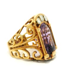 Vintage 18k Yellow Gold Large Unique Custom Cut Amethyst Diamond Open Work Ring