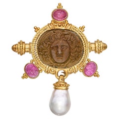 Vintage 18k Yellow Gold Lava Cameo Rubellite and Pearl Pendant Brooch