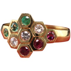Vintage 18k Yellow Gold Leo Pizzo Diamond Emerald Ruby Honey Comb Ring